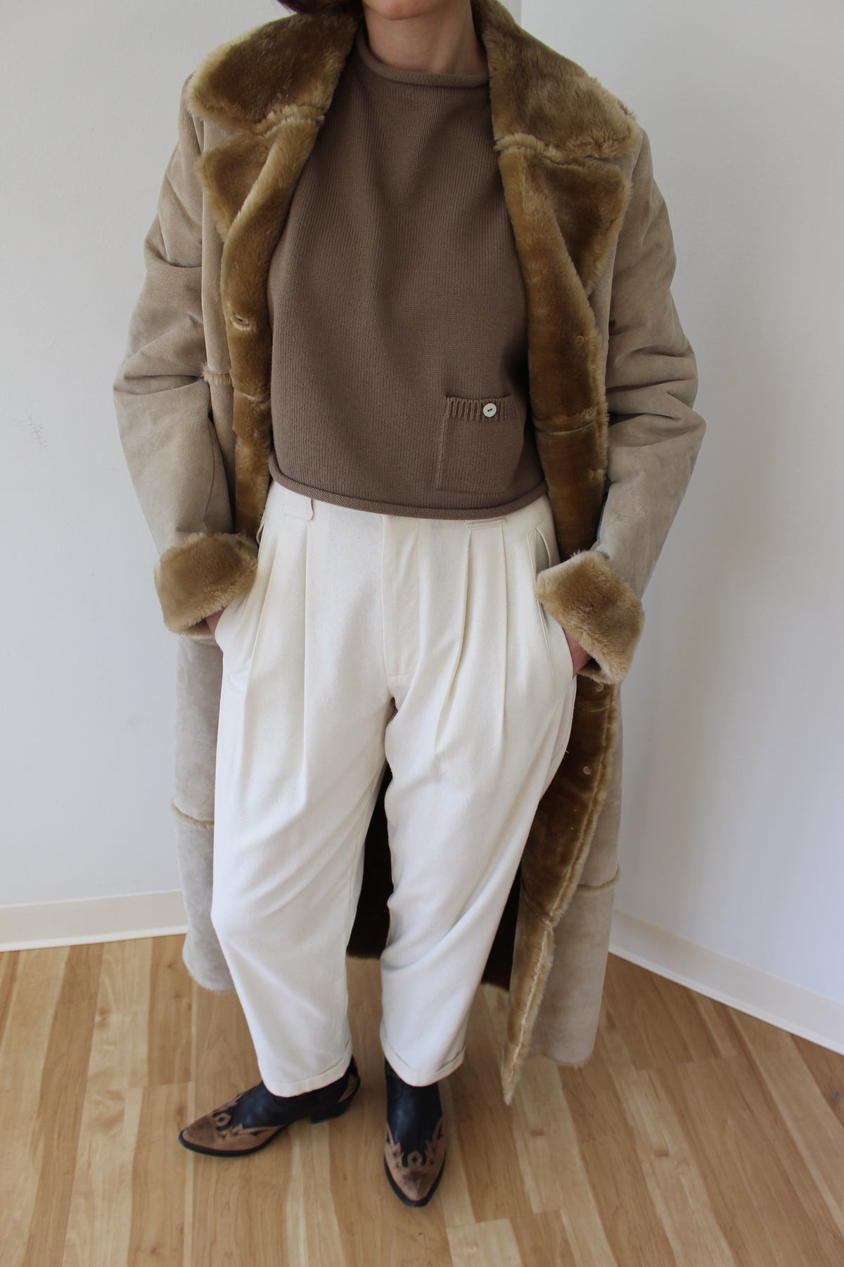 Vintage Sand Suede & Faux Fur Lined Coat