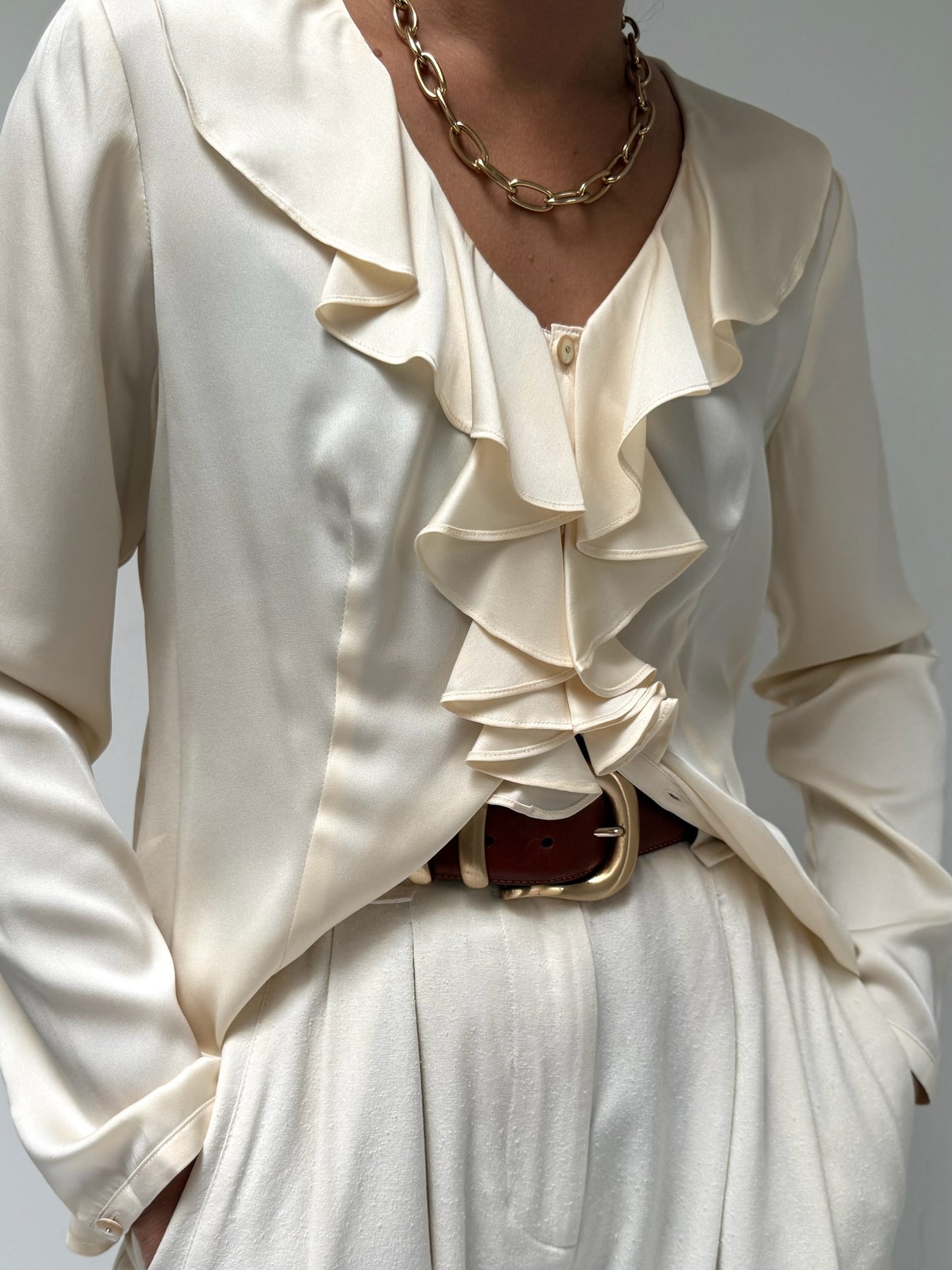 Cream Silk Charmeuse Ruffled Blouse
