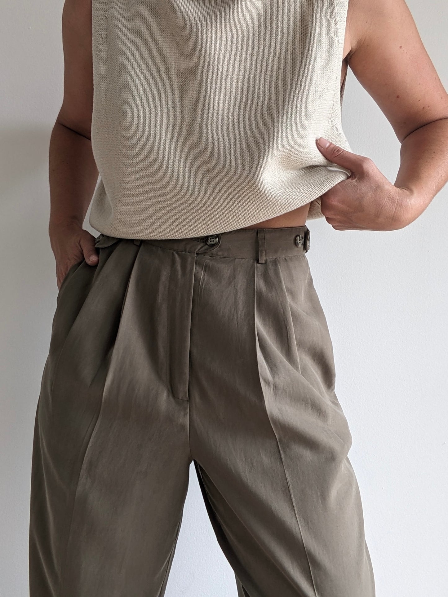 Vintage Sage Pleated Silk Trousers