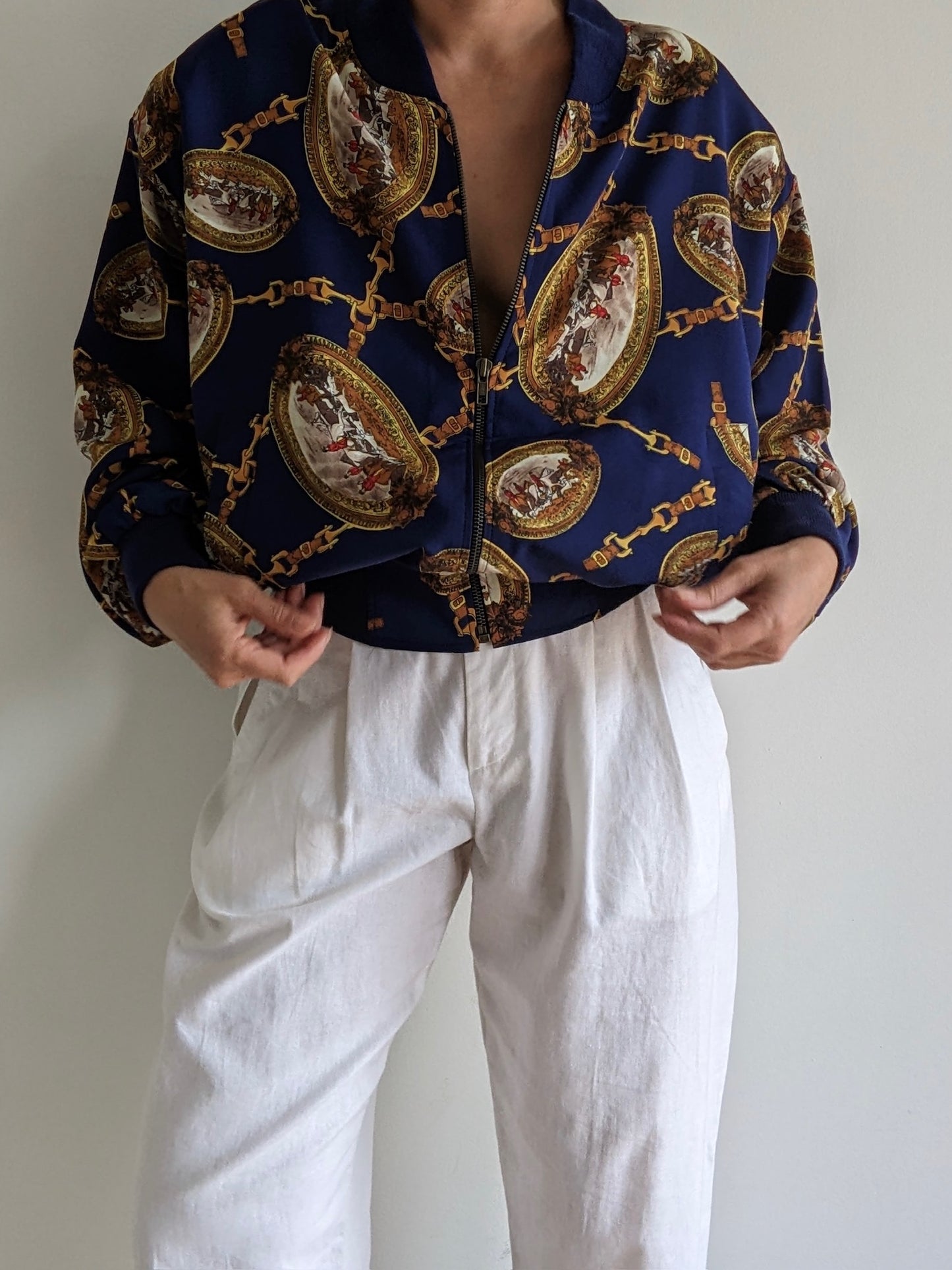 Vintage Equestrian Print Bomber Jacket