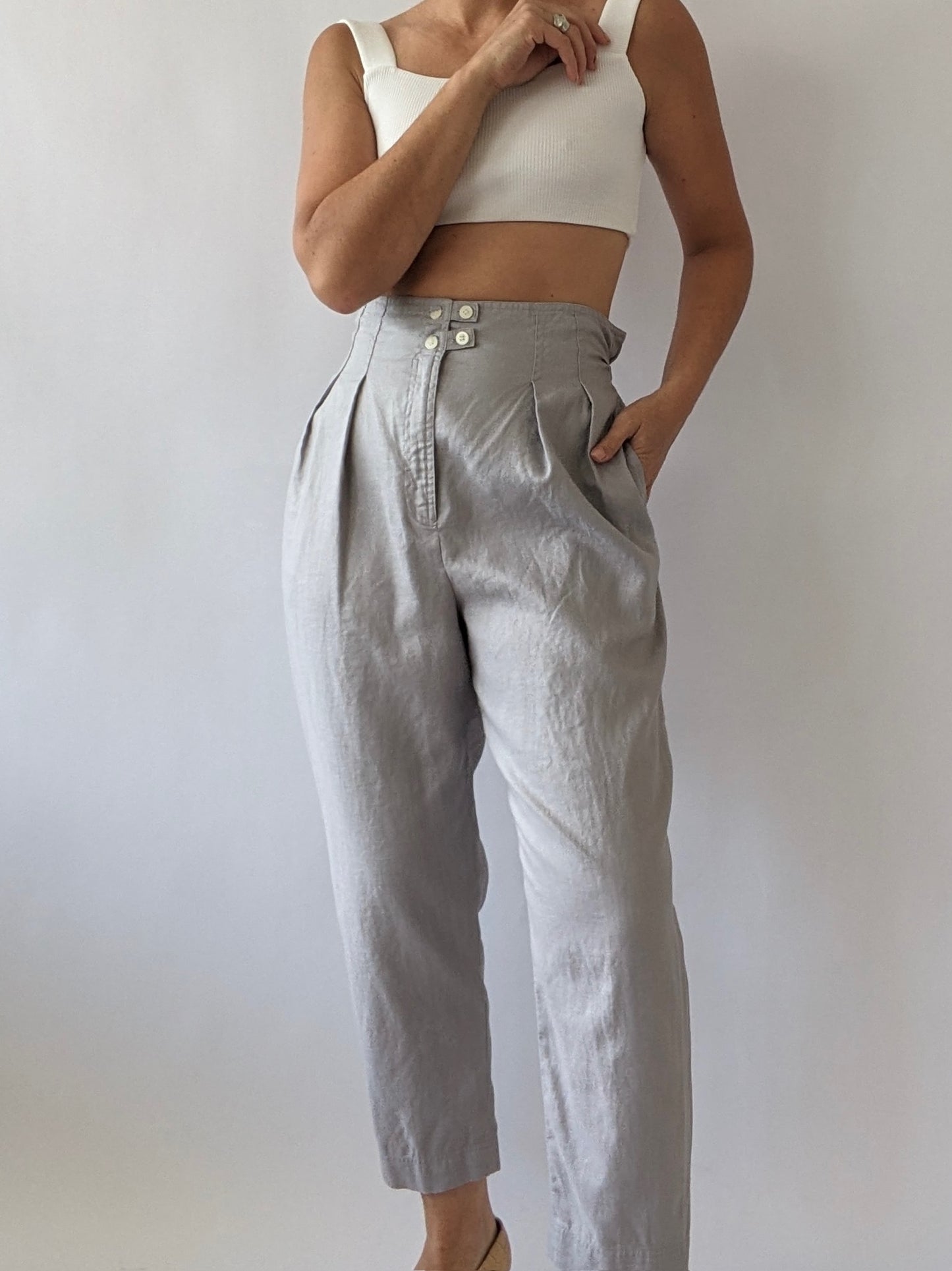 Vintage Stone Pleated Linen Trousers