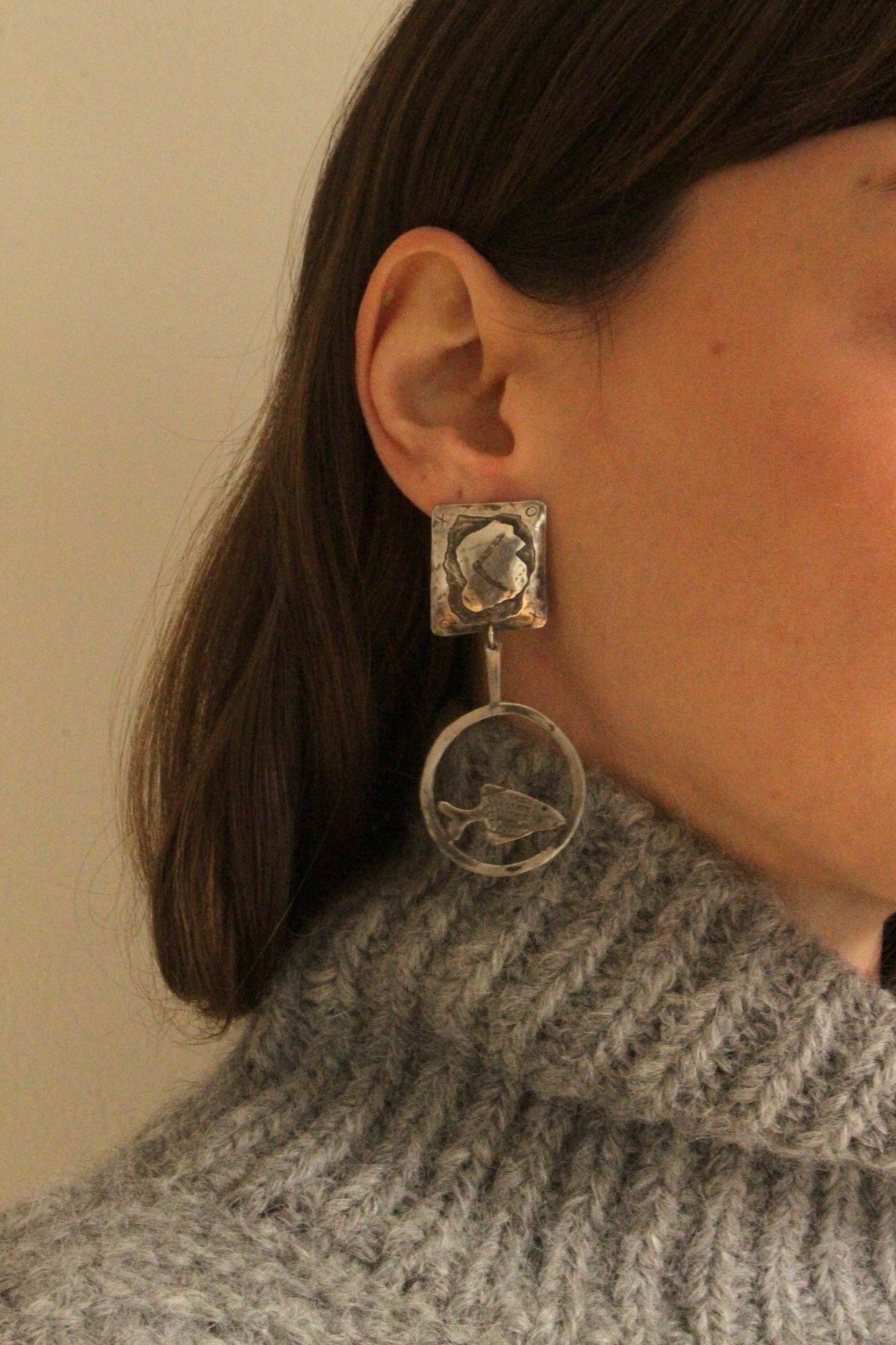 Rare Vintage Sterling Silver Dropped Fish Earrings