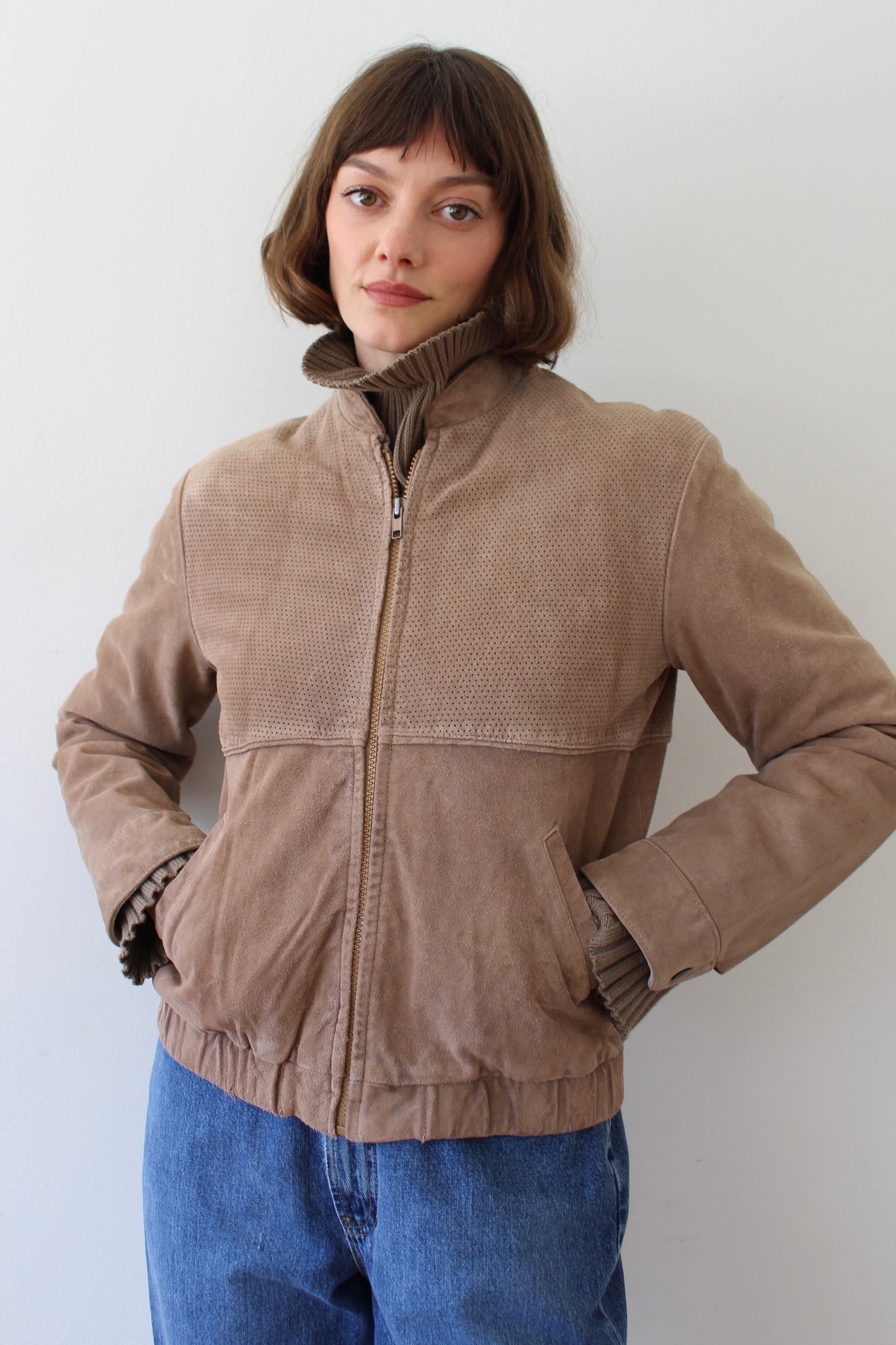 Vintage Cropped Latte Suede Bomber