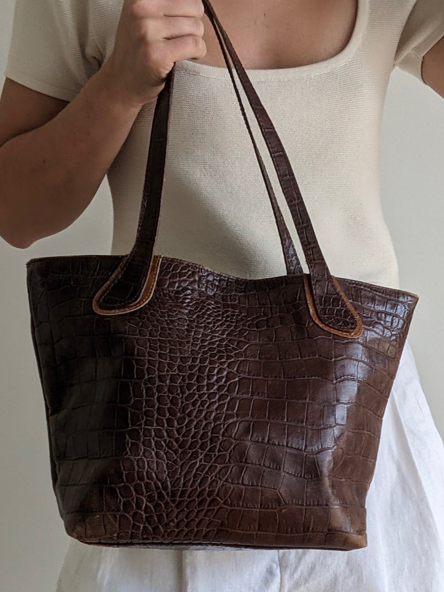 Vintage Tobacco Embossed Leather Tote