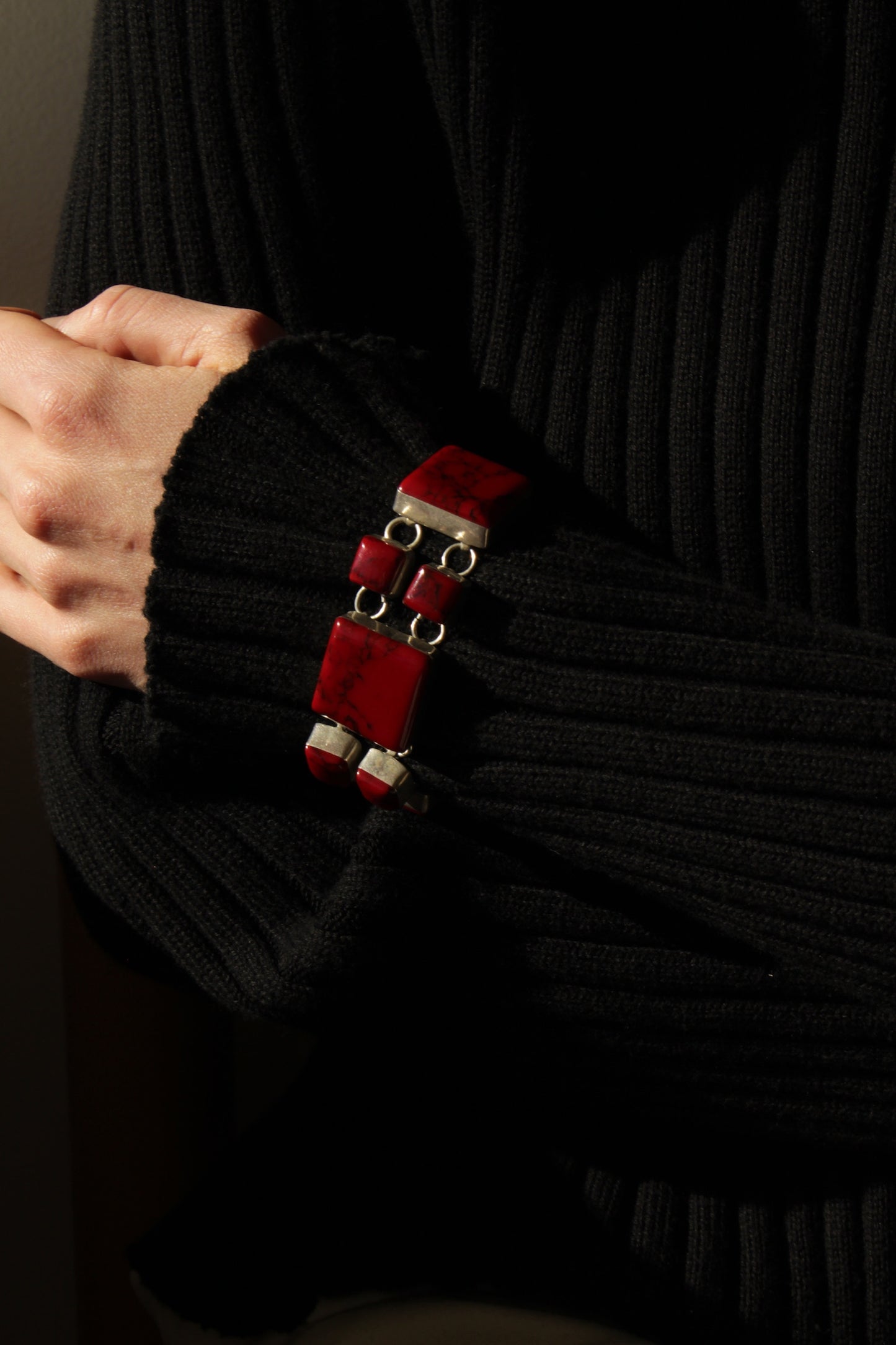 Vintage Modernist Red Jasper & Sterling Silver Bracelet & Earrings Set