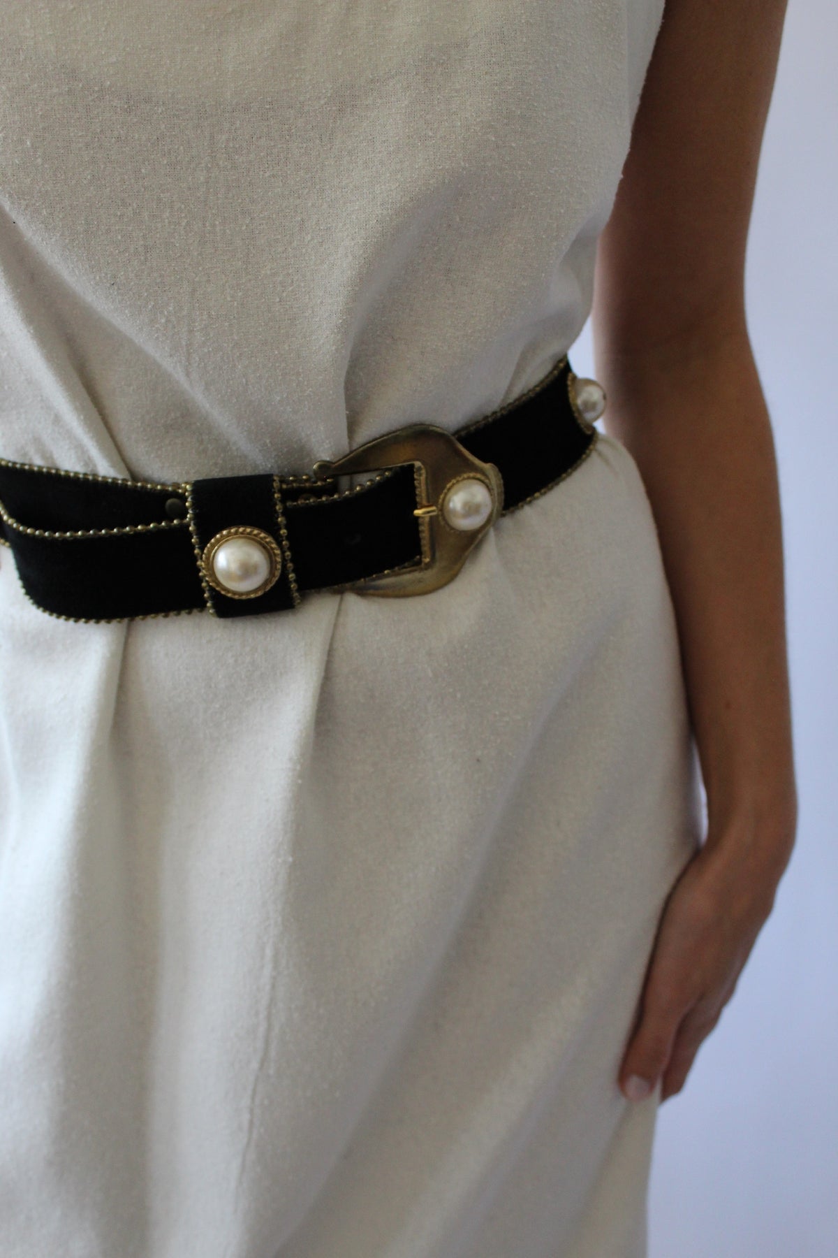 Vintage Black Suede & Faux Cabochon Pearl Belt