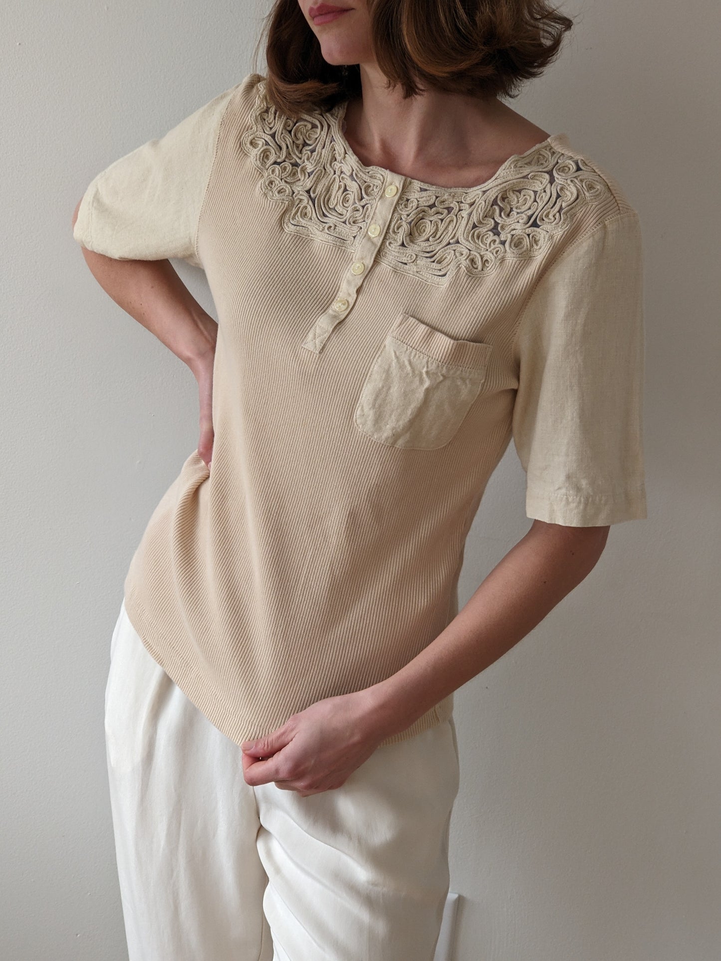 Vintage Sand Ribbed & Woven Henley