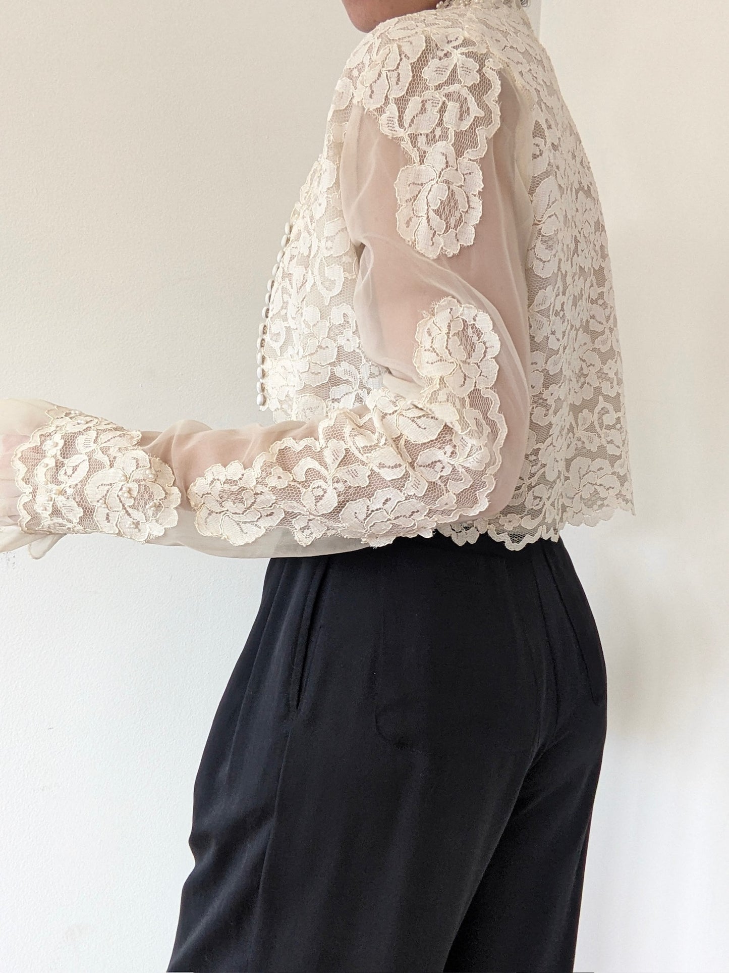 Rare Vintage Ivory Sheer Floral Lace Blouse