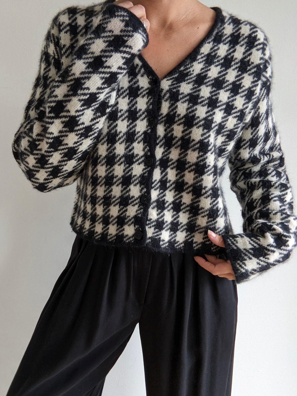 Vintage Houndstooth Angora Cropped Cardigan