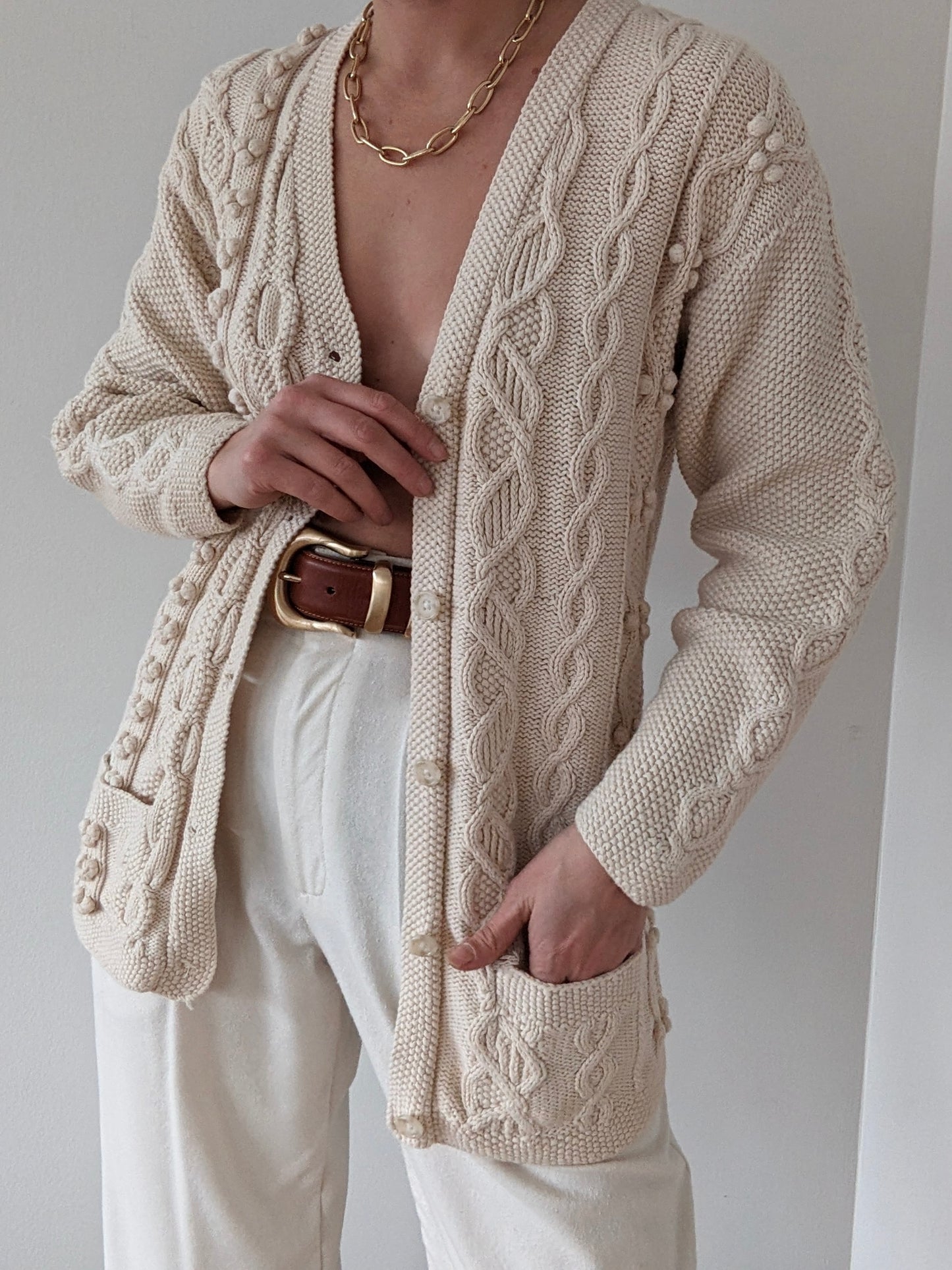 Vintage Cream Cotton & Wool Patterned Cardigan