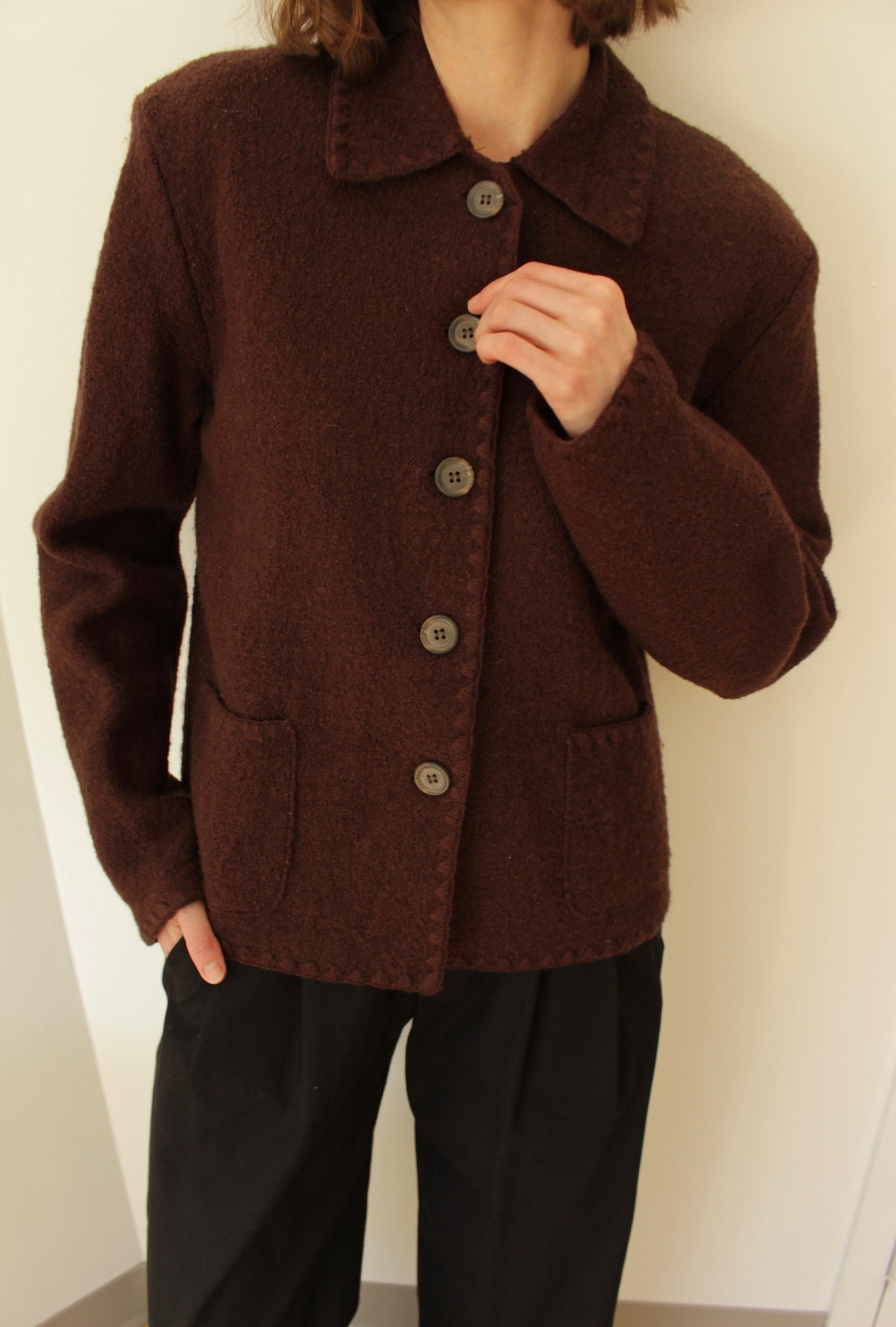 Vintage Chocolate Wool Bouclé Cardigan