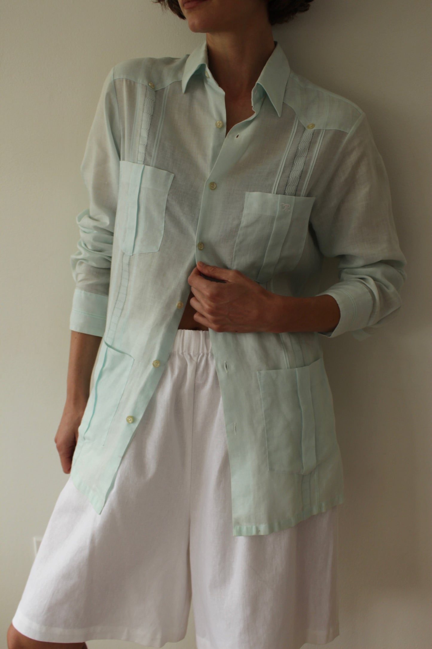 Vintage Oscar de la Renta Aqua Linen Button Up