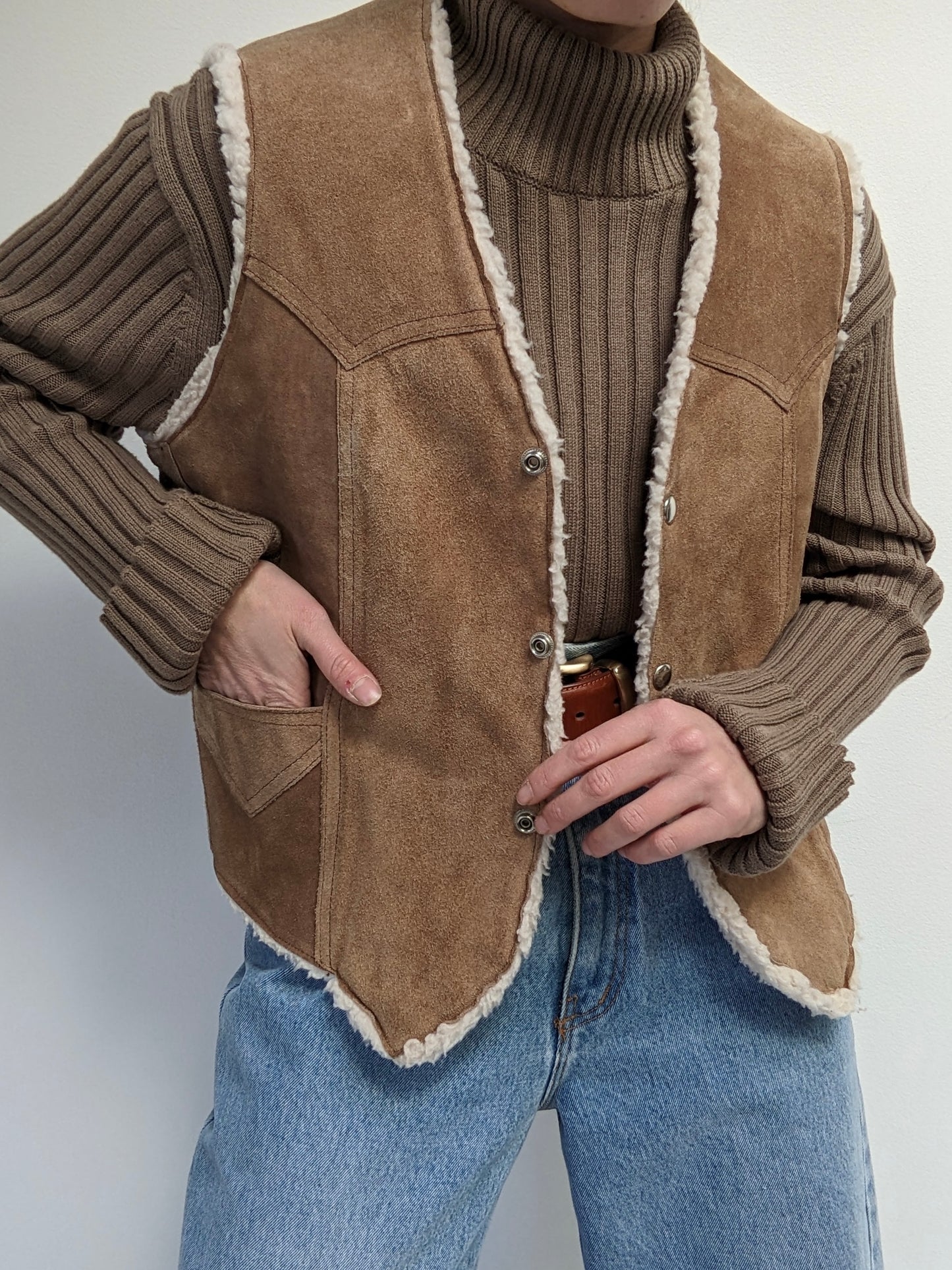 Vintage Sherpa-Lined Suede Snap Vest