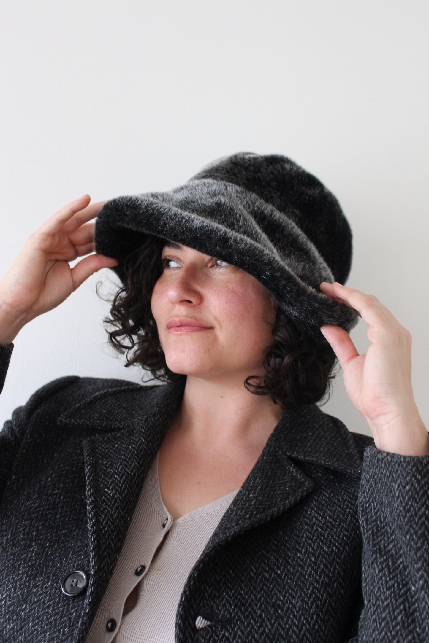 Vintage Charcoal Faux Fur Bucket Hat
