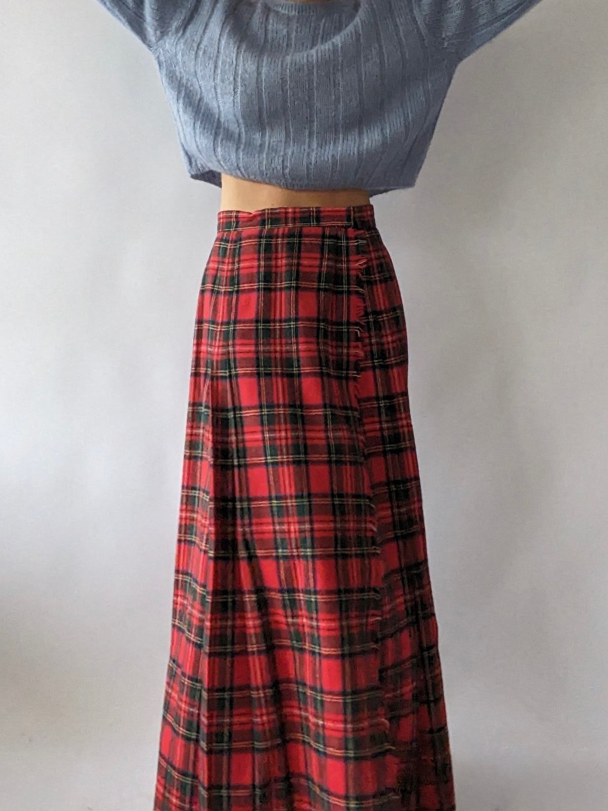Vintage Fringed & Pleated Plaid Wool Wrap Skirt