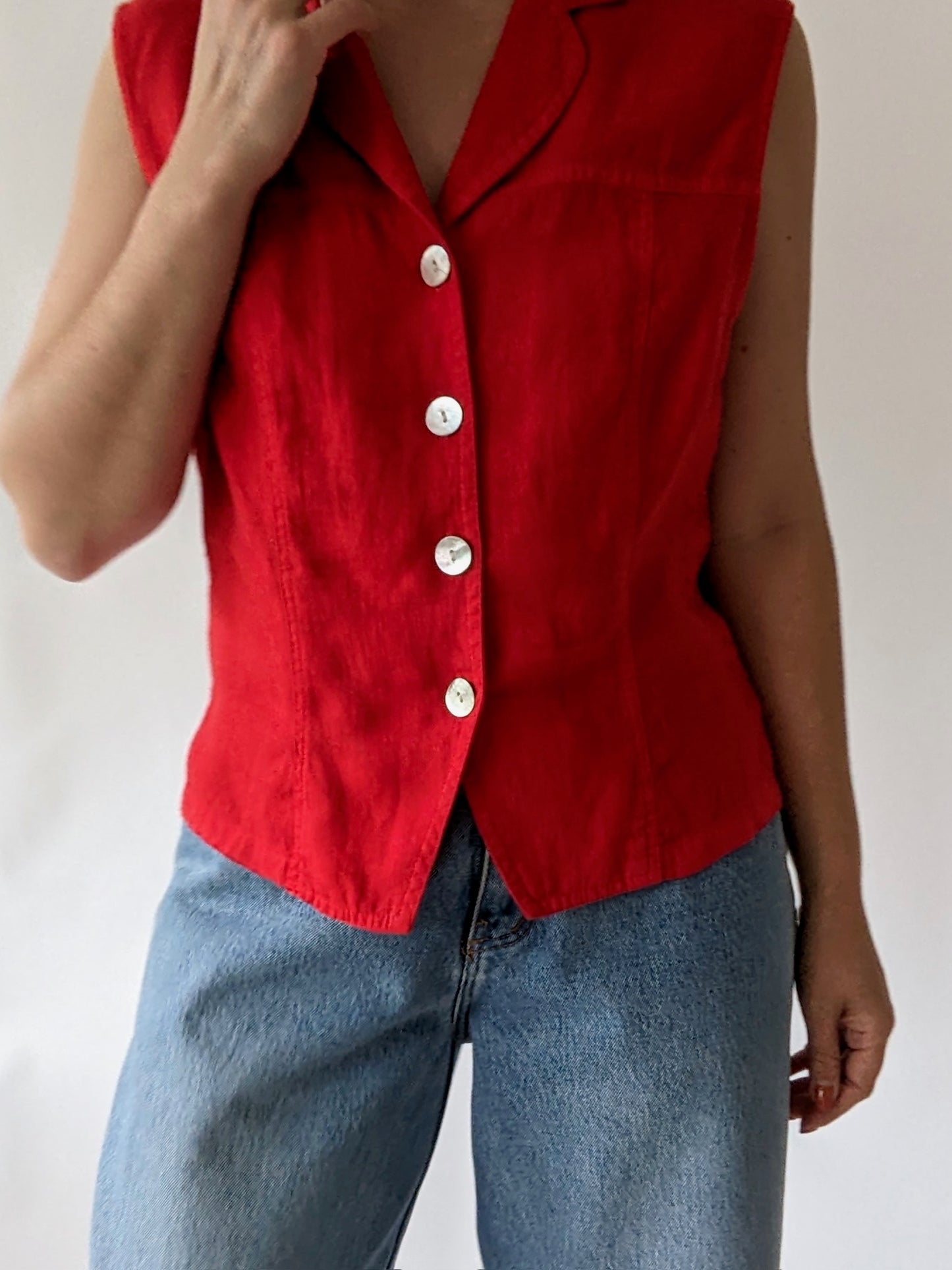 Vintage Cherry Linen Sleeveless Blouse