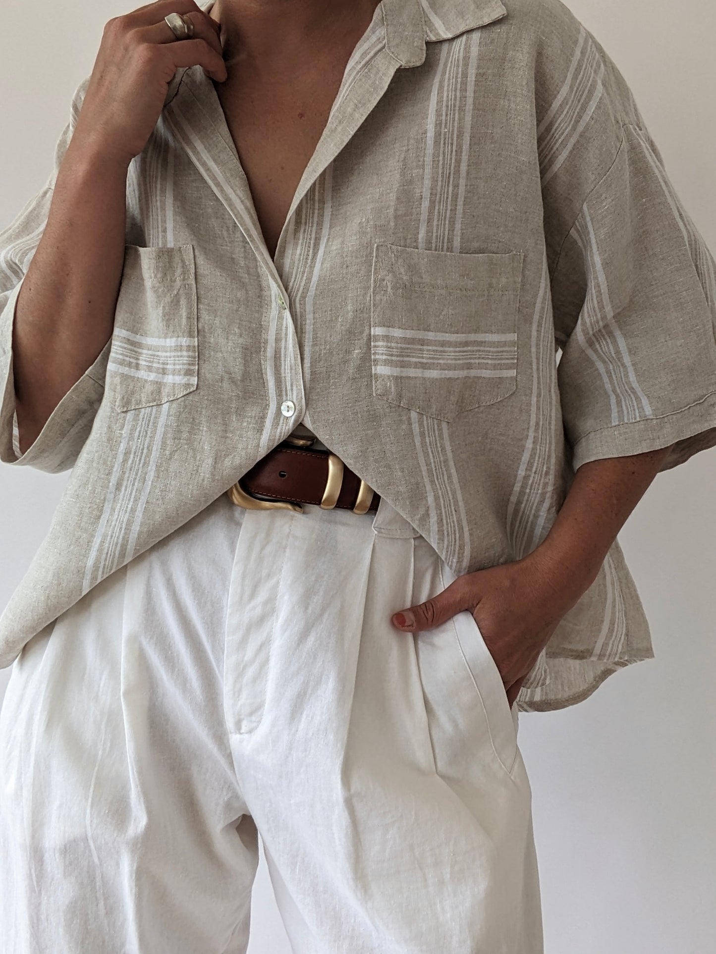Vintage Striped Oat Linen Blouse