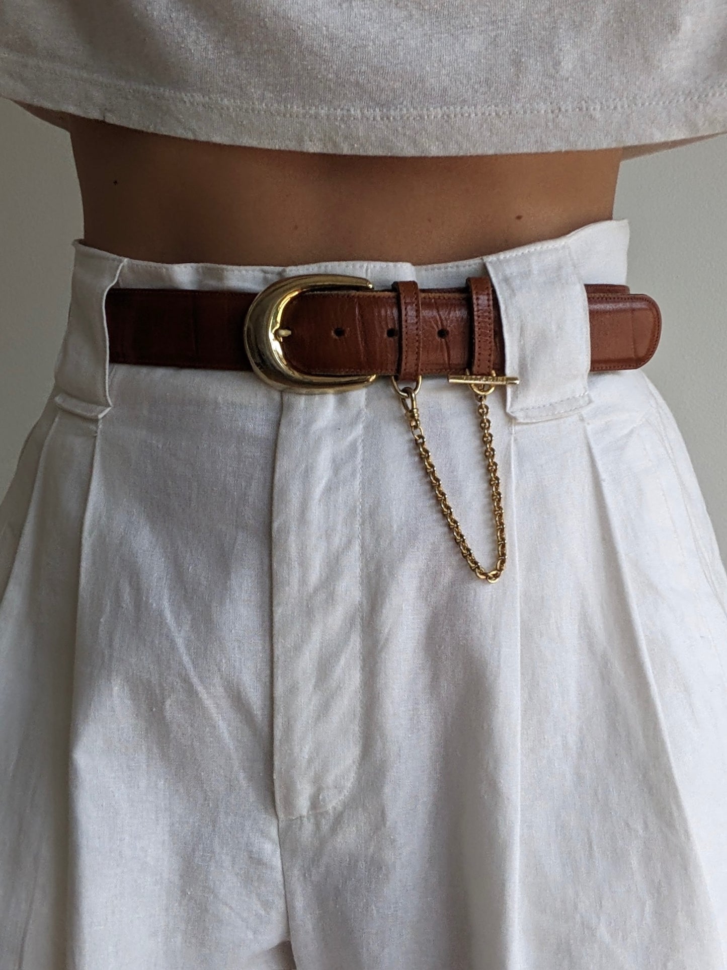 Vintage Cognac Croc-Embossed Leather & Chain Belt