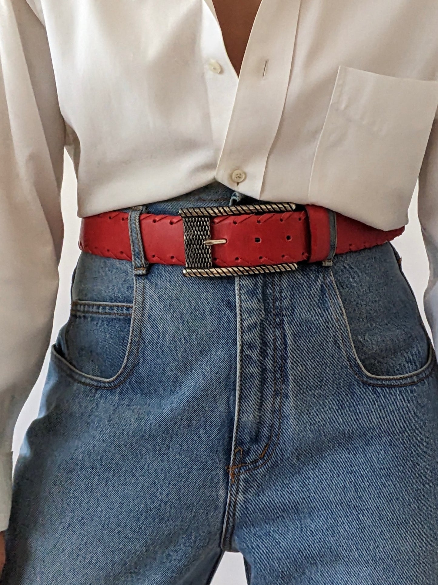 Bold Vintage Red Leather & Silver Hardware Belt