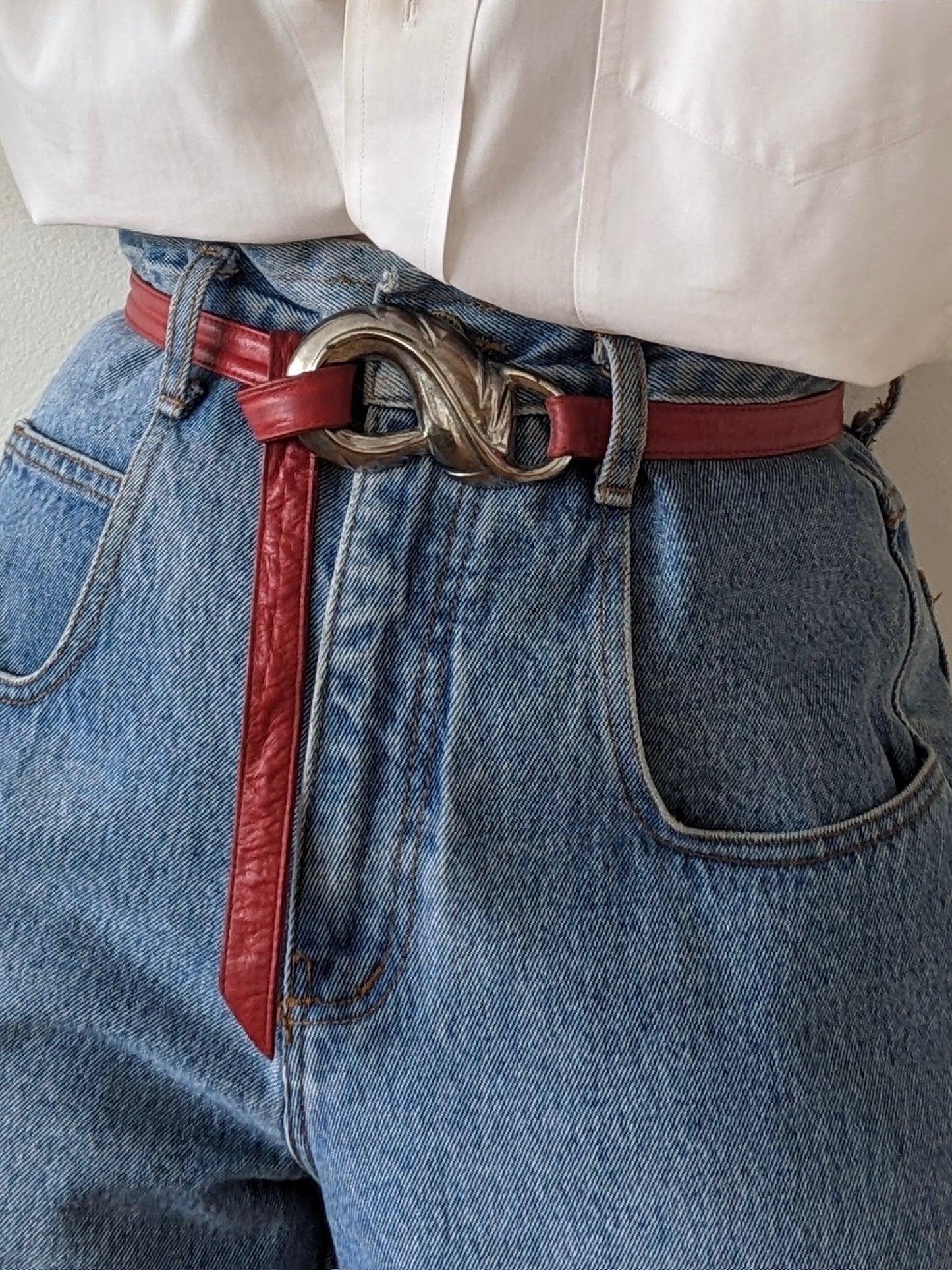 Vintage Silver Buckle & Red Leather Tie Belt