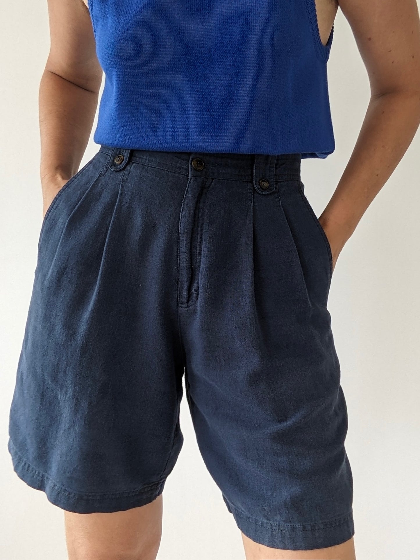Vintage Navy Linen Pleated Shorts
