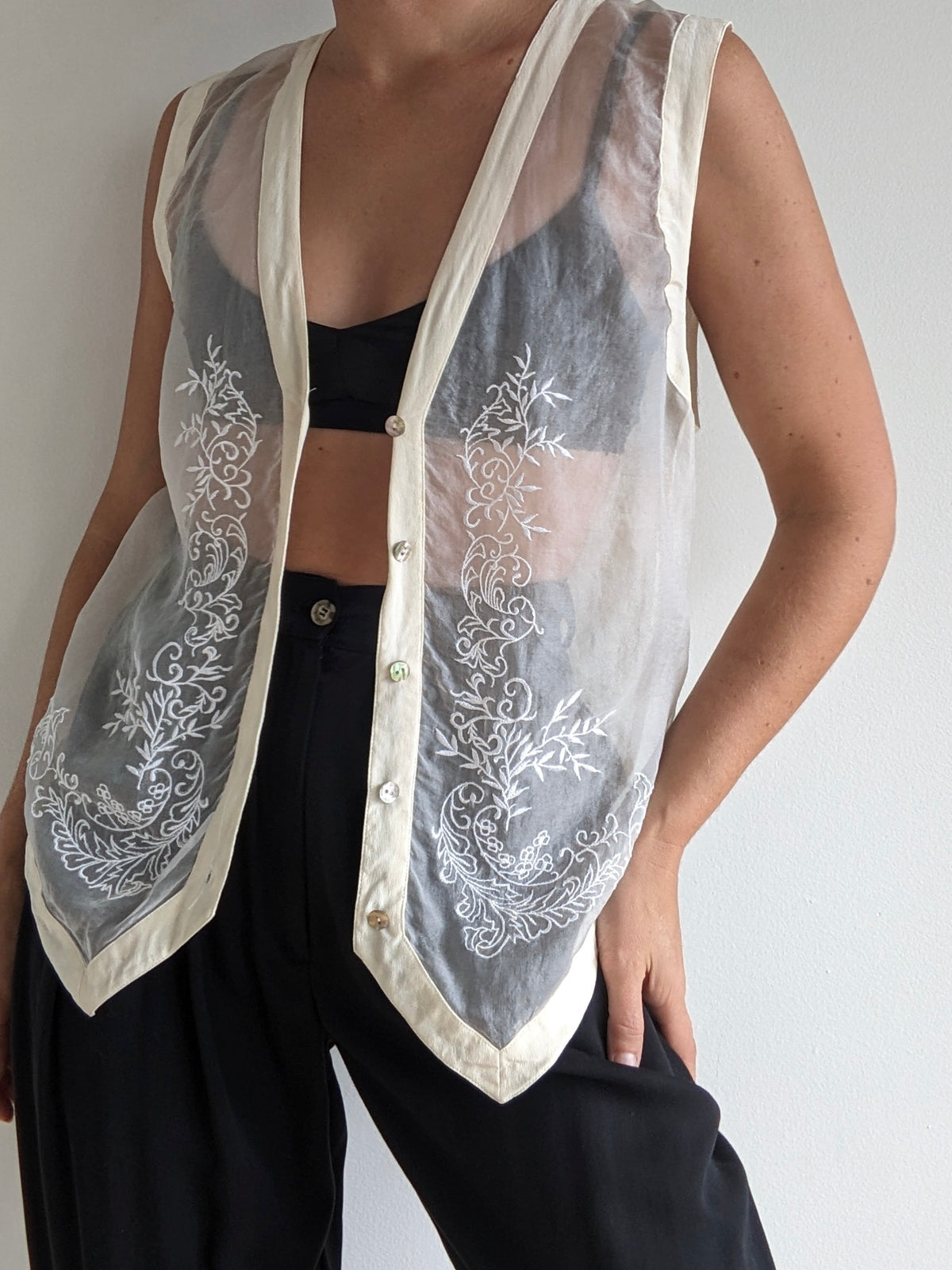 Lovely Vintage Embroidered Sheer Silk Vest