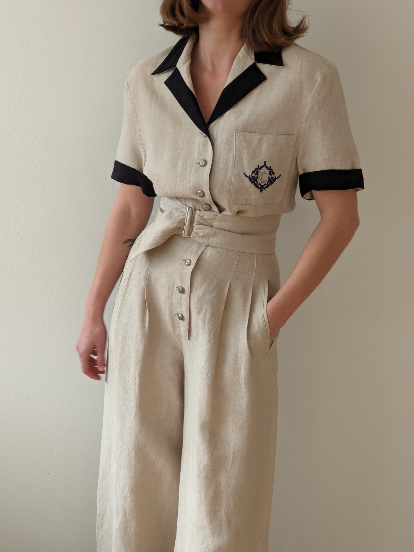 Favorite Vintage Linen Wide Leg Belted Jumpsuit