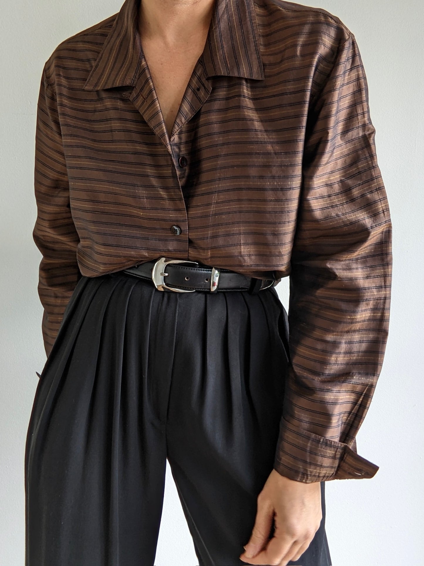 Vintage Chocolate Striped Silk Button Down