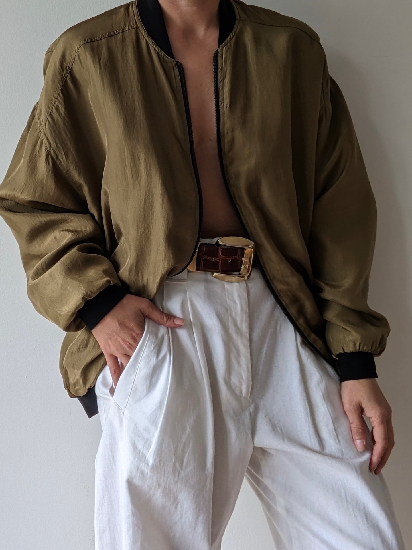Vintage Olive Silk Bomber Jacket
