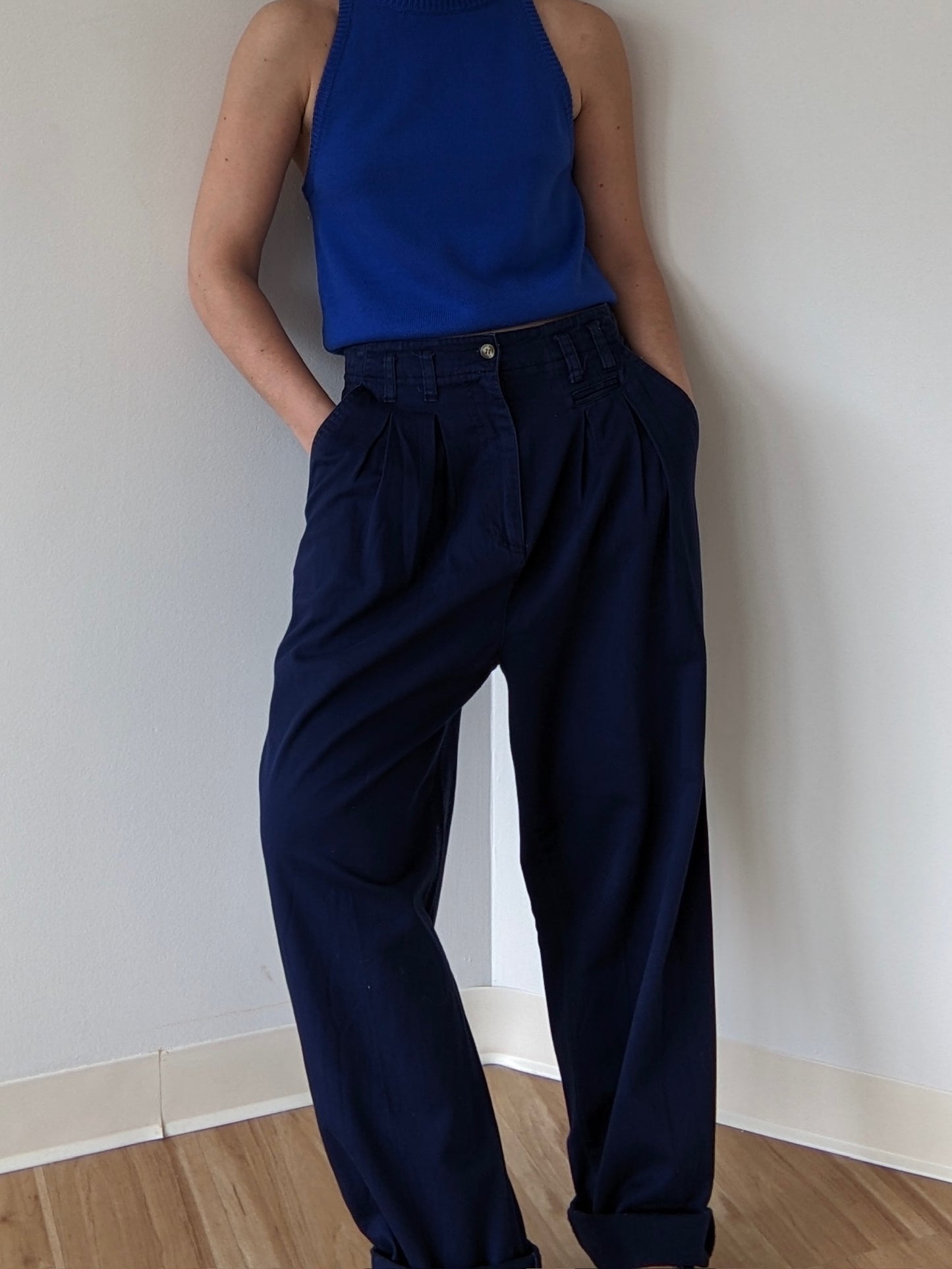 Vintage Navy Pleated Cotton Trousers
