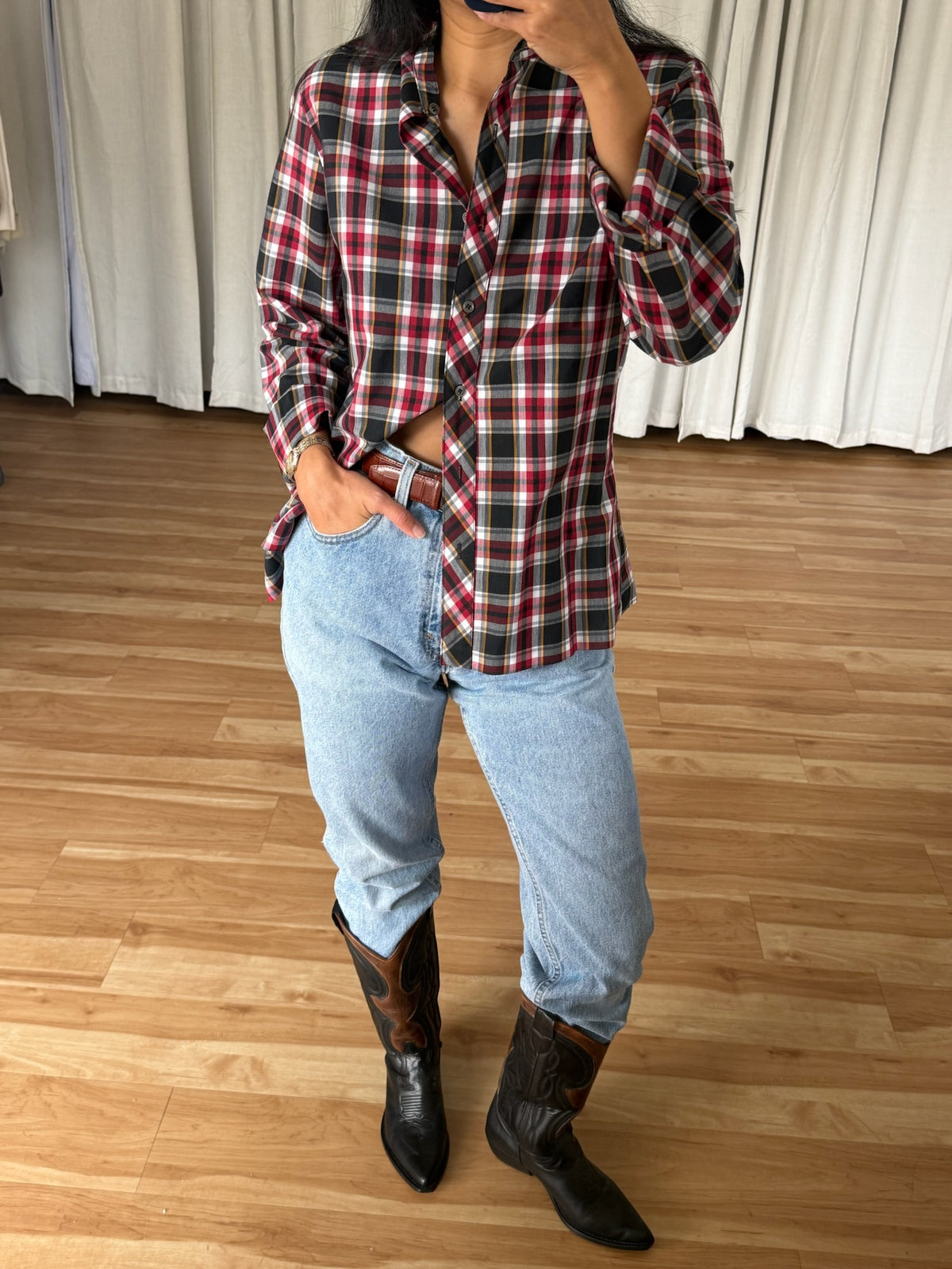 Vintage Collarless Plaid Button Down