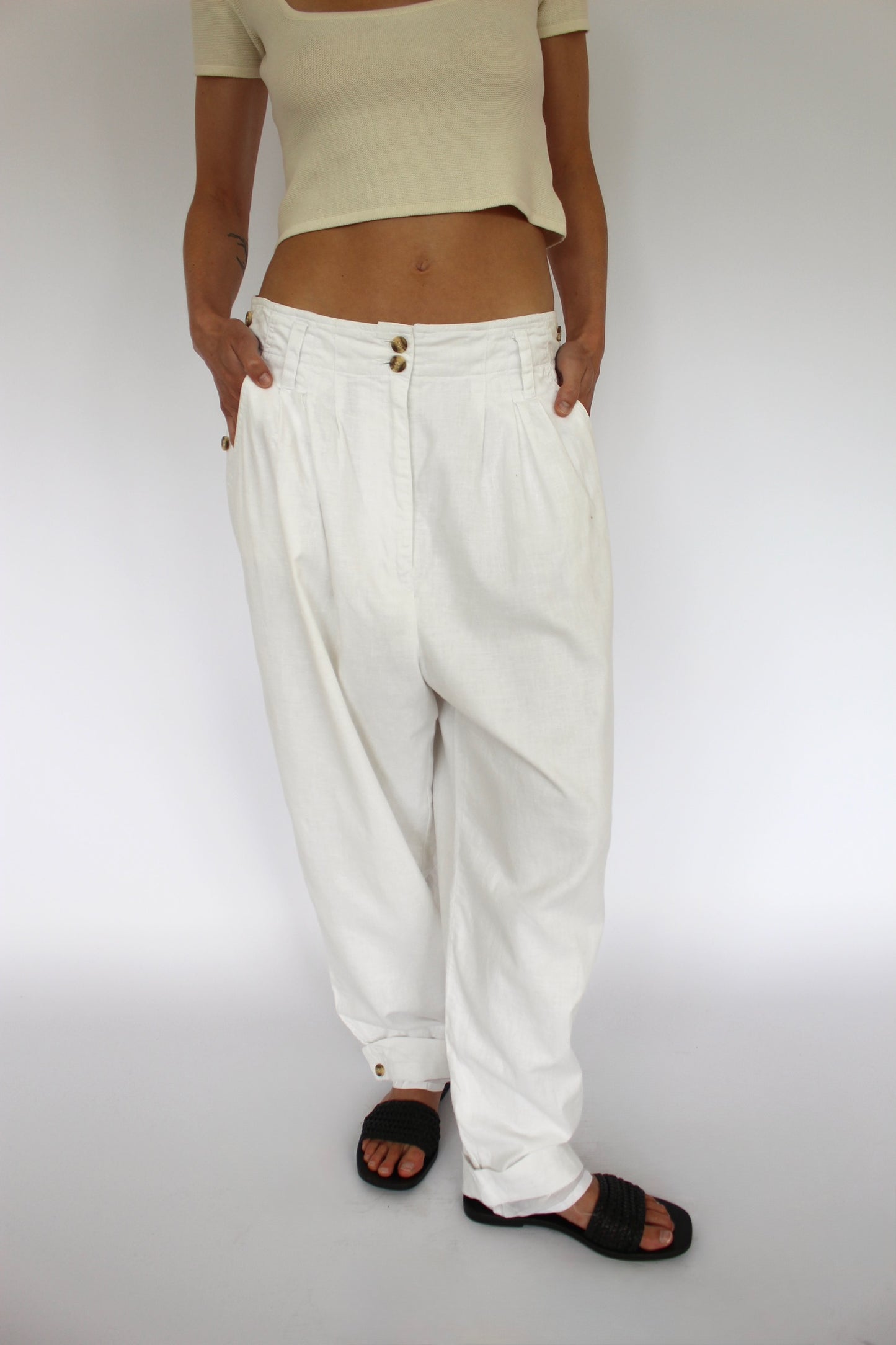 Vintage Cloud White Linen Pleated Trousers