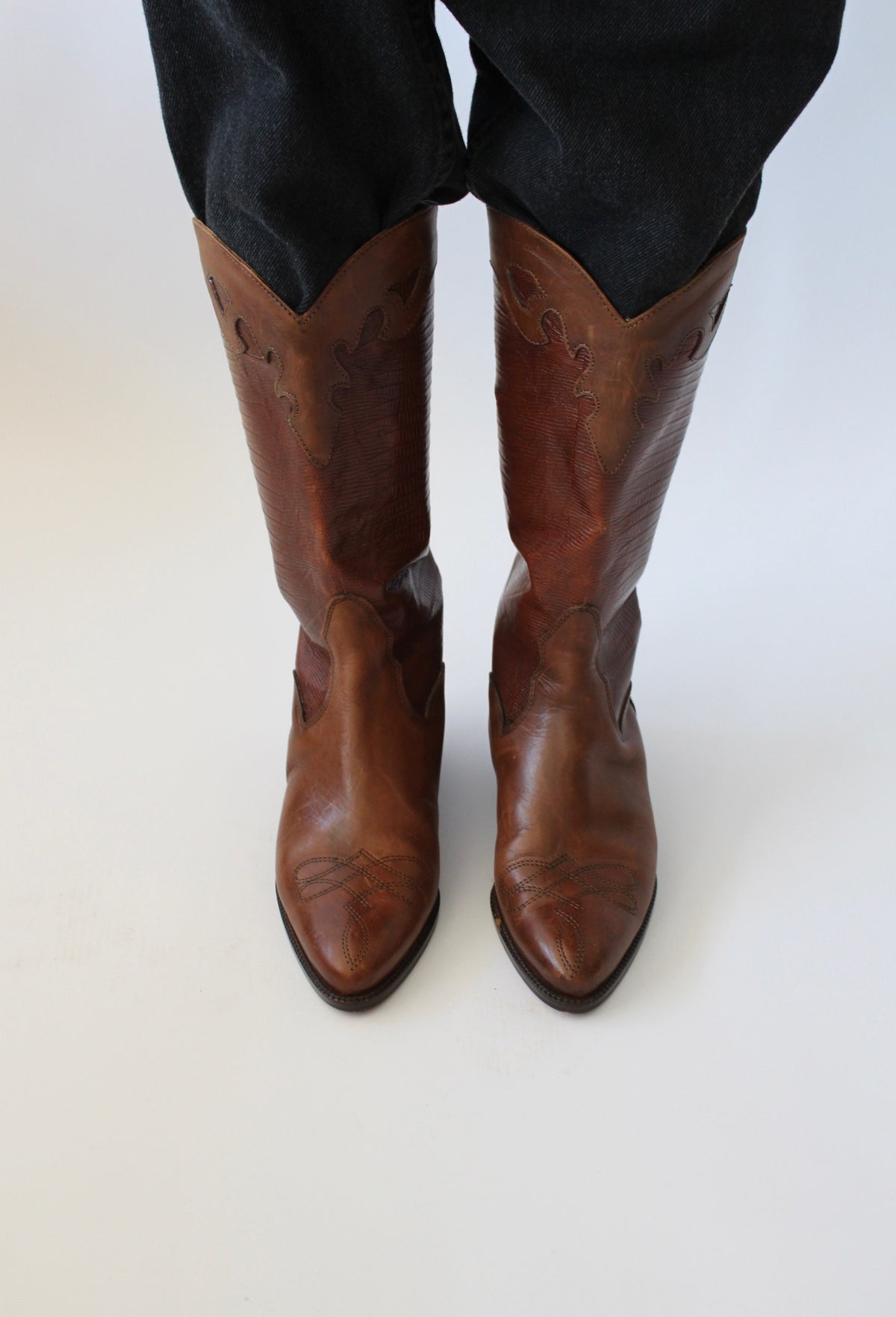 Vintage Cognac Embossed Cowboy Boots