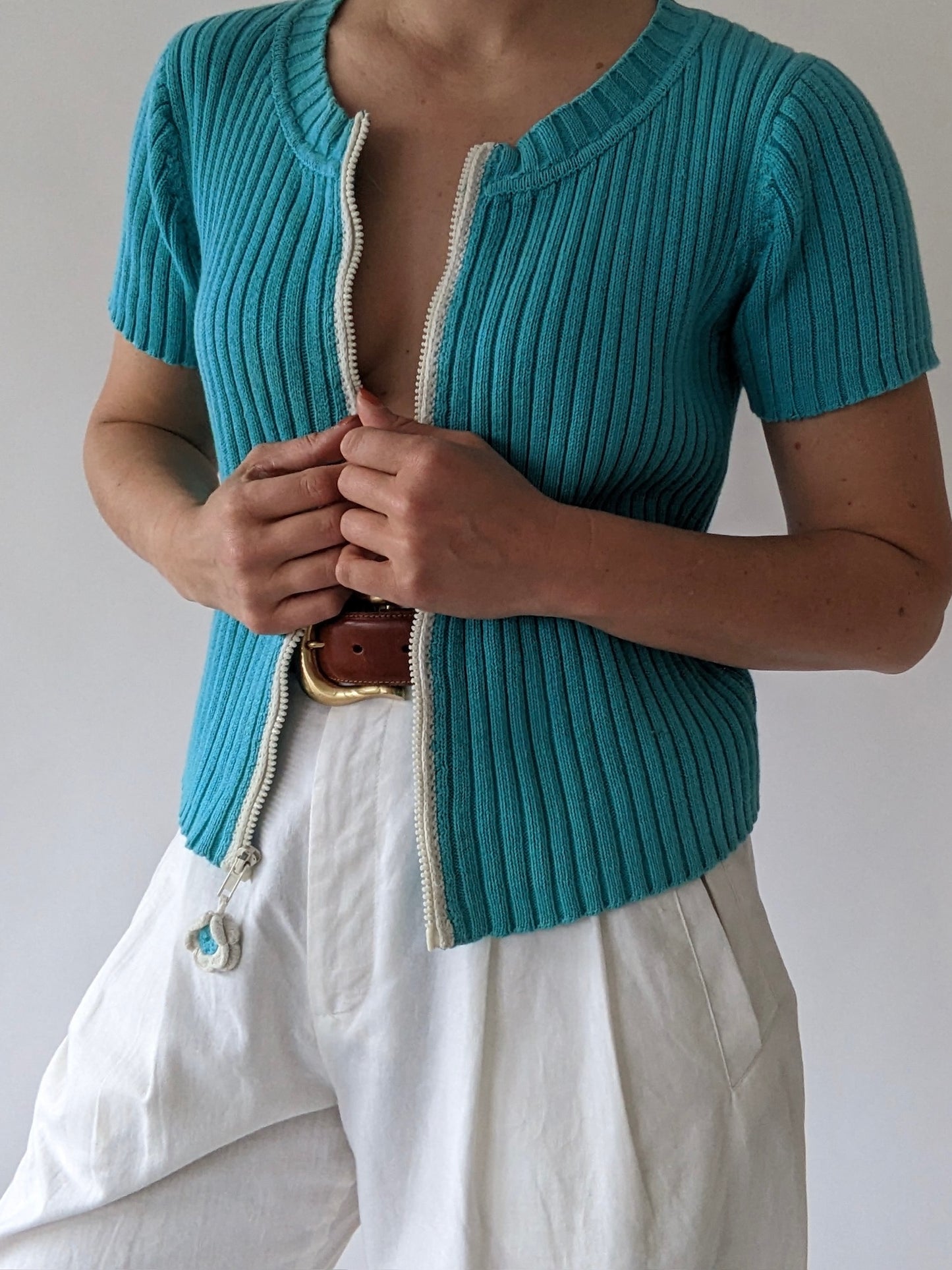 90s Aqua Ribbed Zip Cardigan