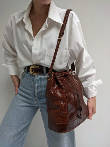 Amazing Vintage Embossed Leather Bucket Bag