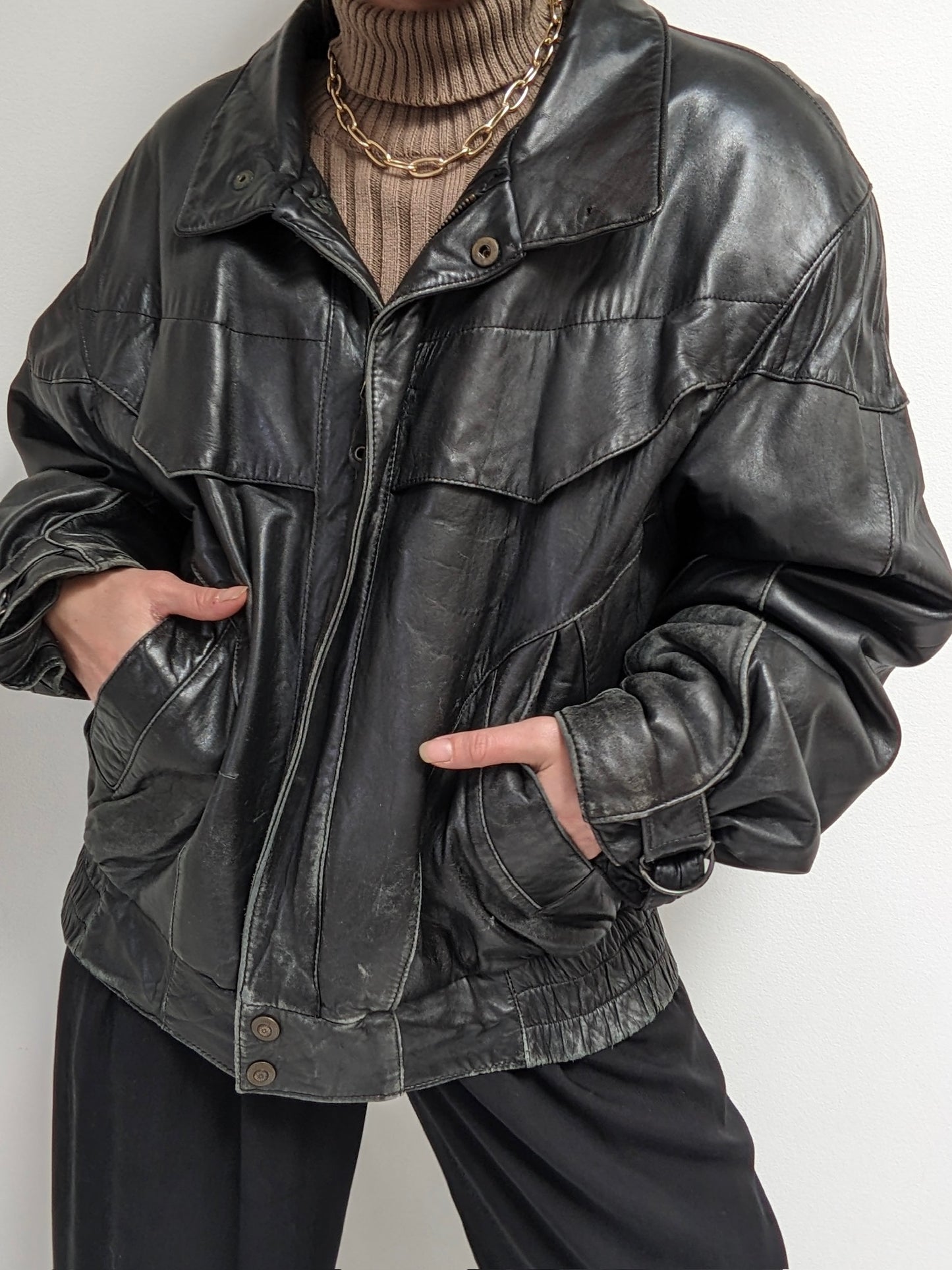 Vintage Faded Black Leather Bomber