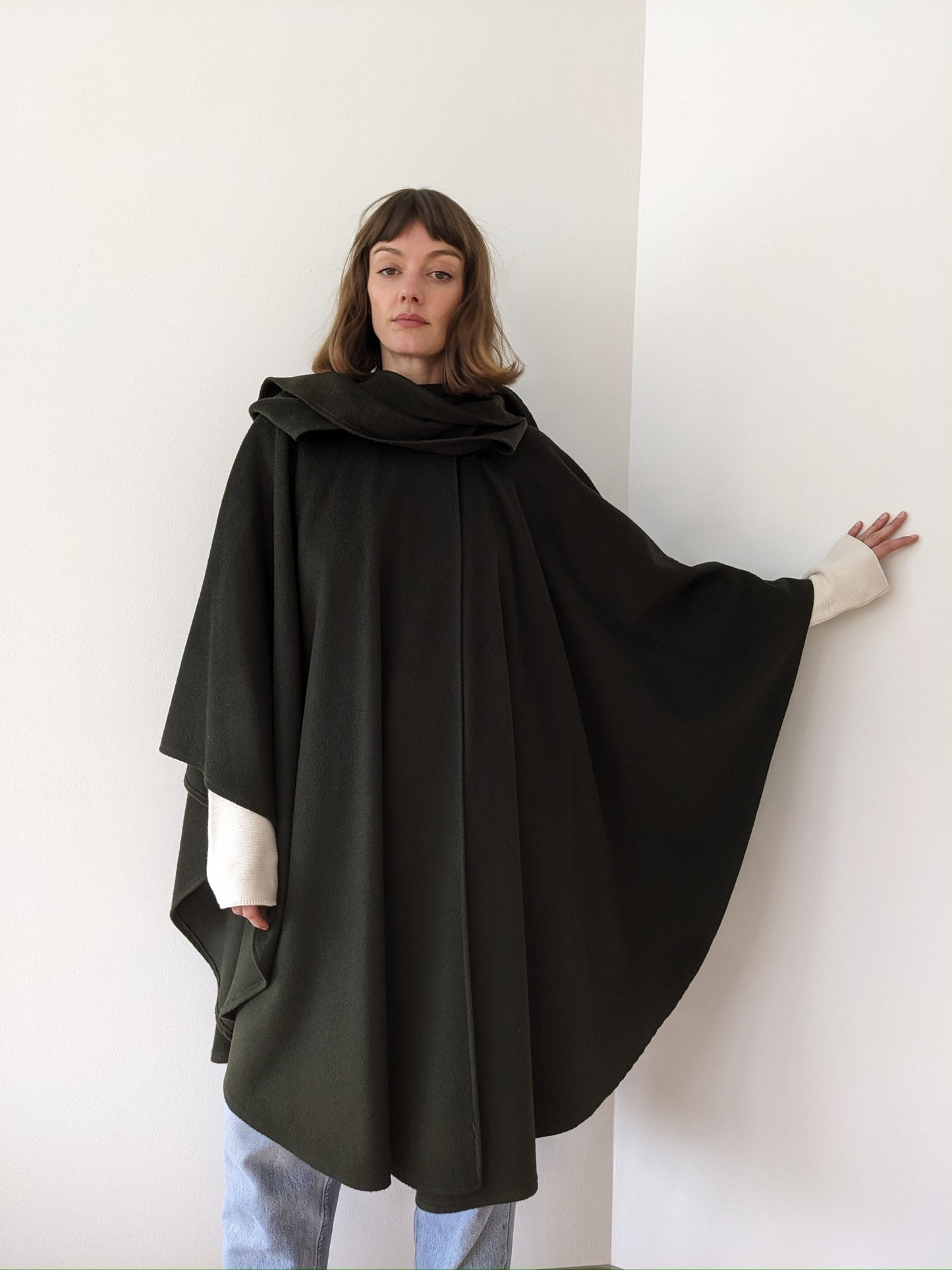Incredible Vintage Olive Wool & Cashmere Hooded Cape