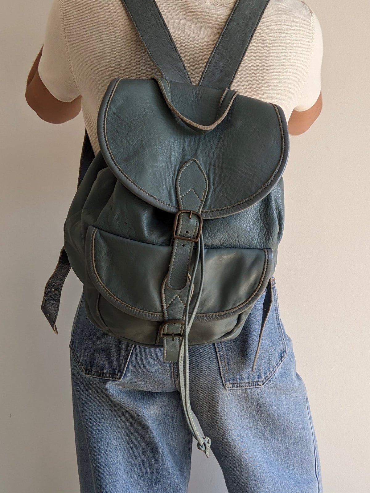 Rare Vintage Pale Blue Leather Backpack
