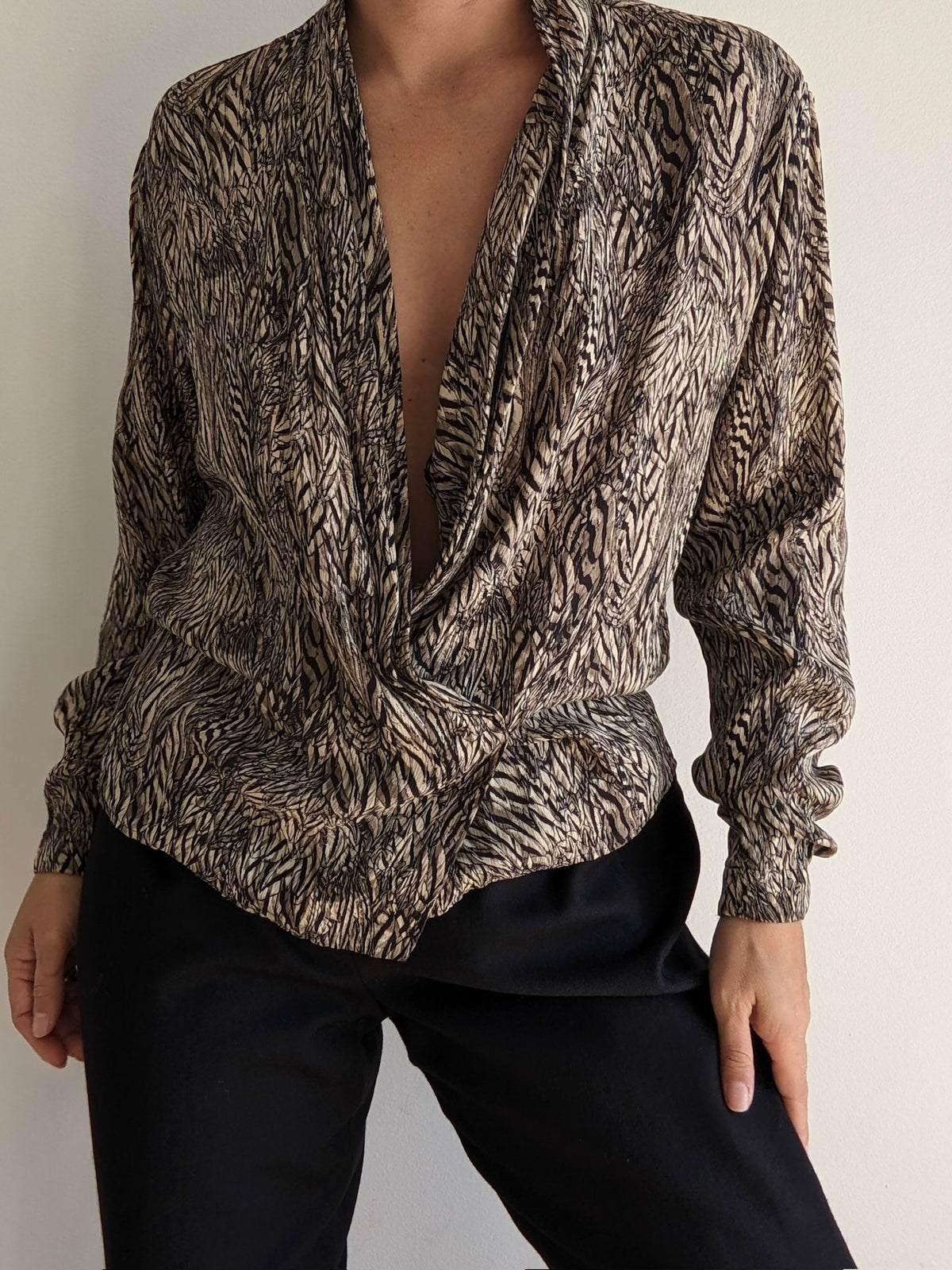 Vintage Printed Low-Drape Silk Blouse
