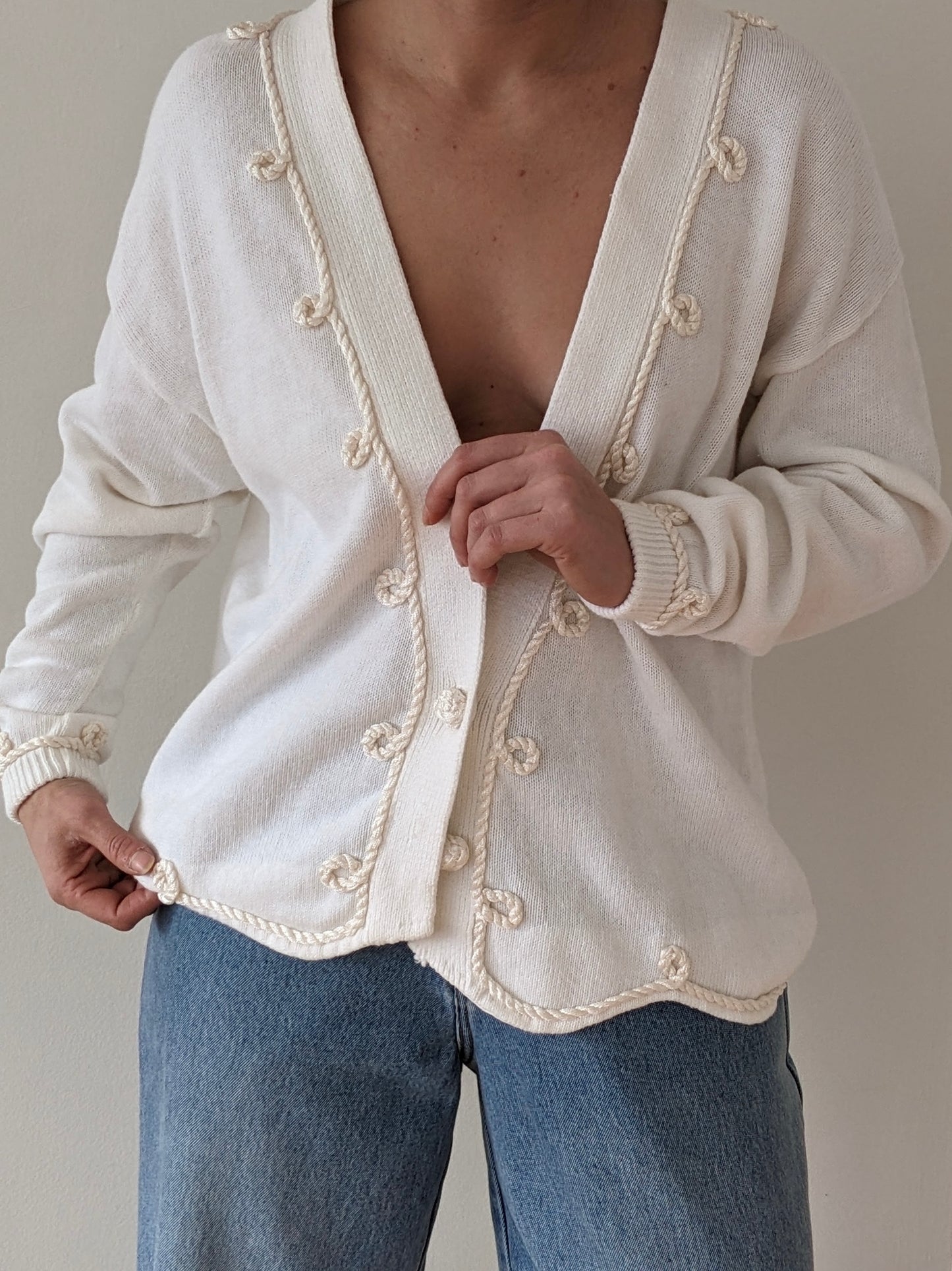 Vintage Cream Rope Appliqué Cardigan