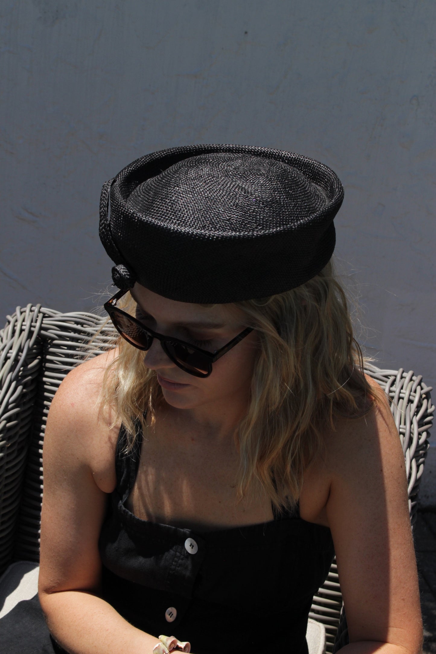 Vintage Black Woven Straw Pillbox Hat