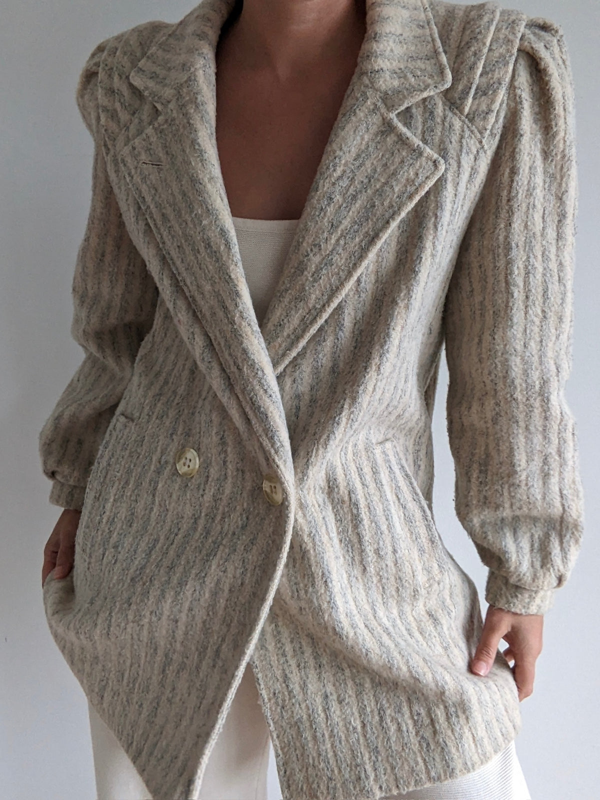 Vintage Cream & Stone Striped Wool Coat