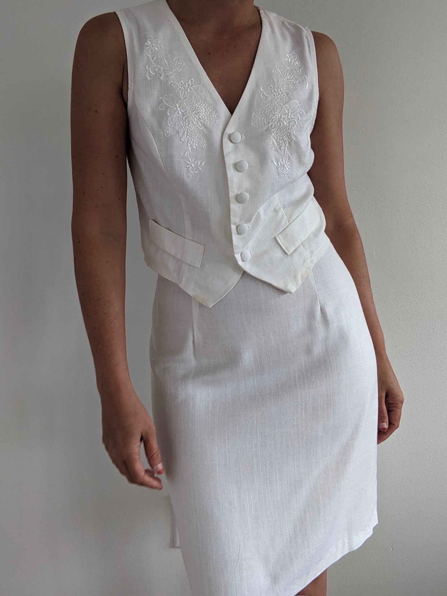 Lovely Vintage Ivory Linen Vest & Skirt Set