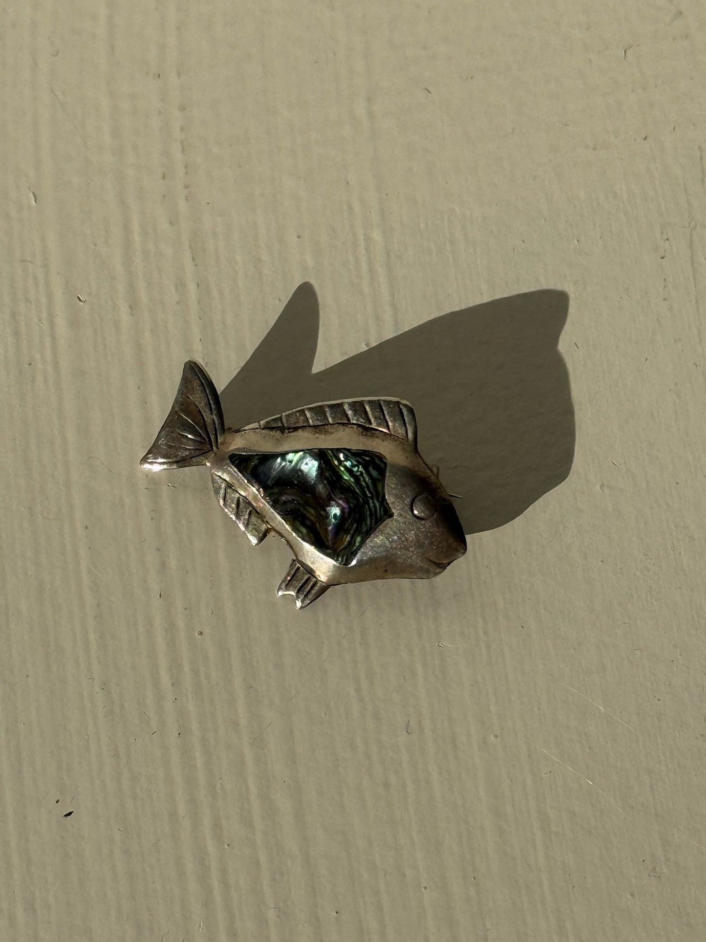 Petite Vintage Sterling Silver & Abalone Fish Brooch