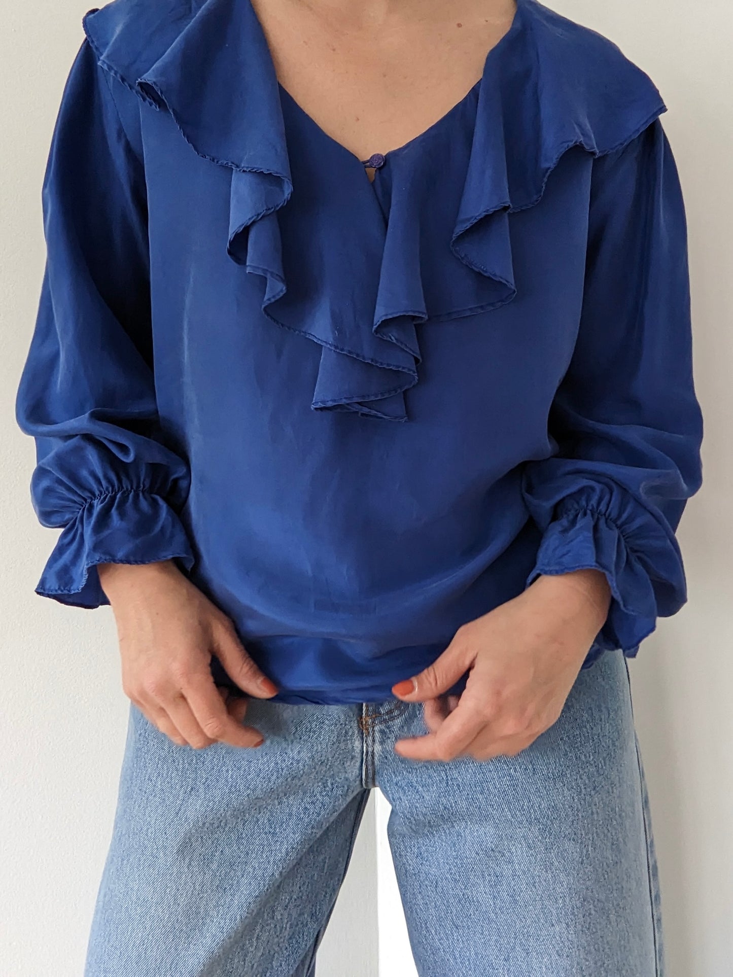 Vintage Azure Ruffled Silk Blouse