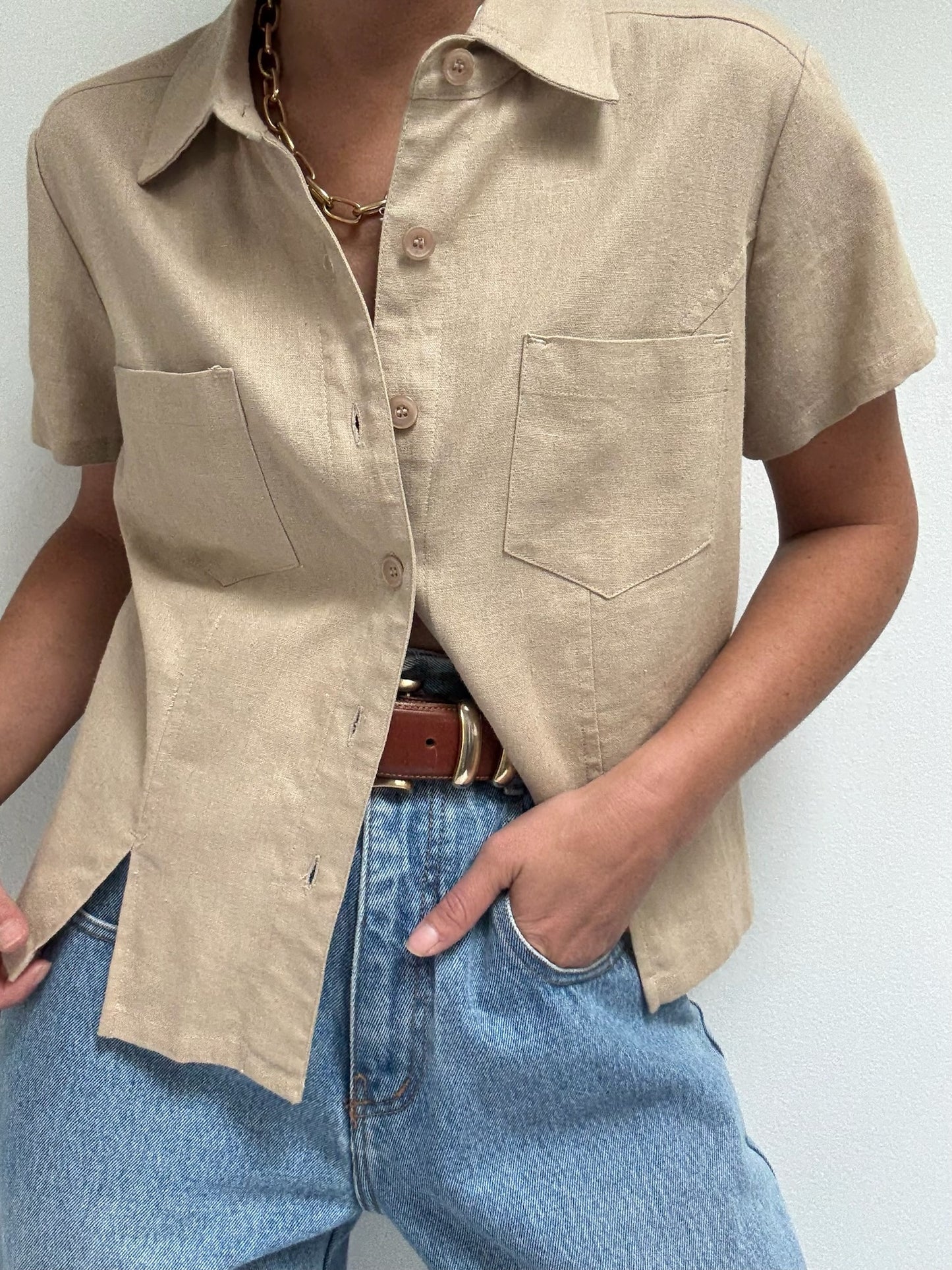 Vintage Almond Linen Blouse