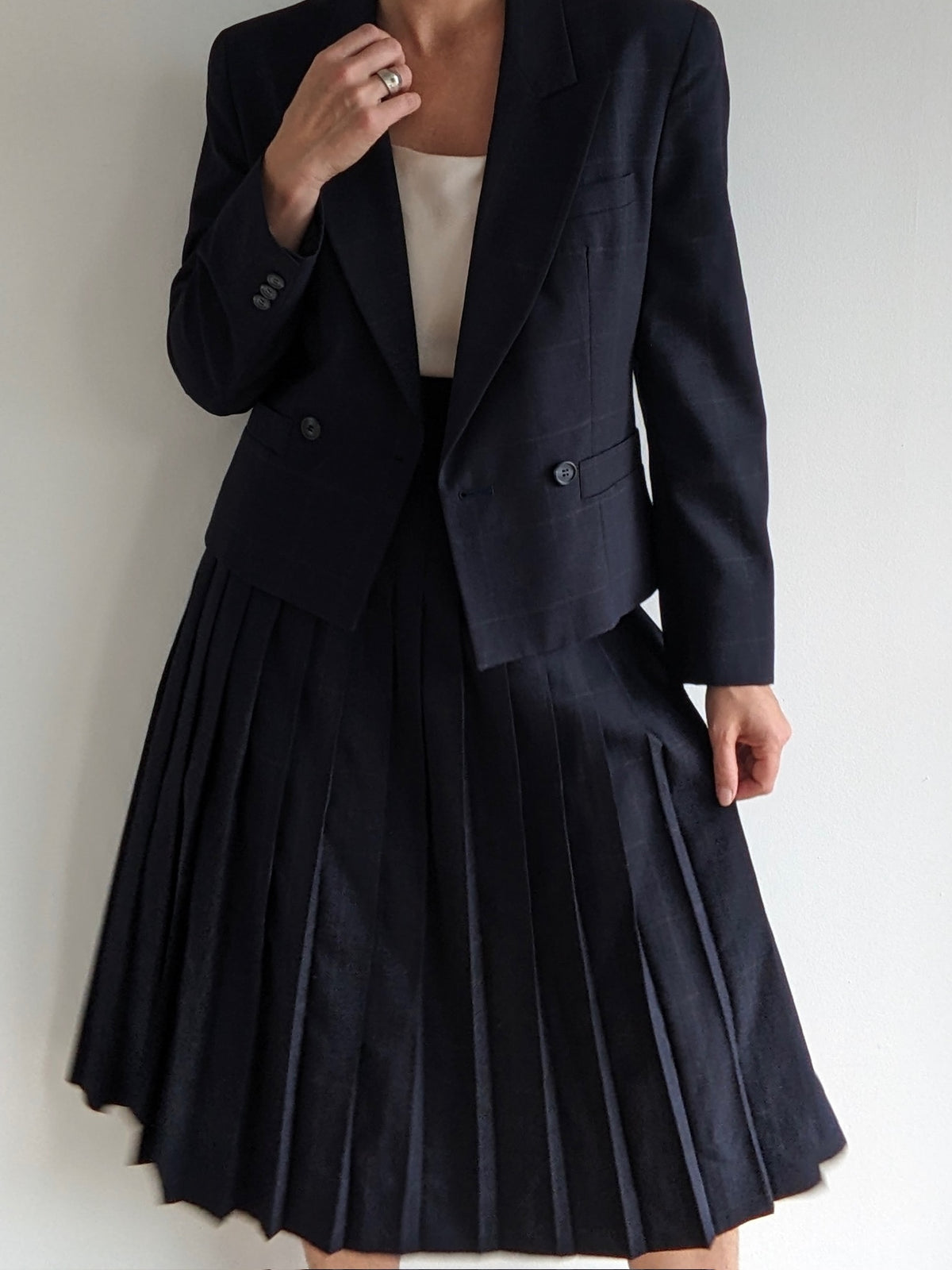 Vintage Midnight Wool Pleated Skirt & Blazer Set