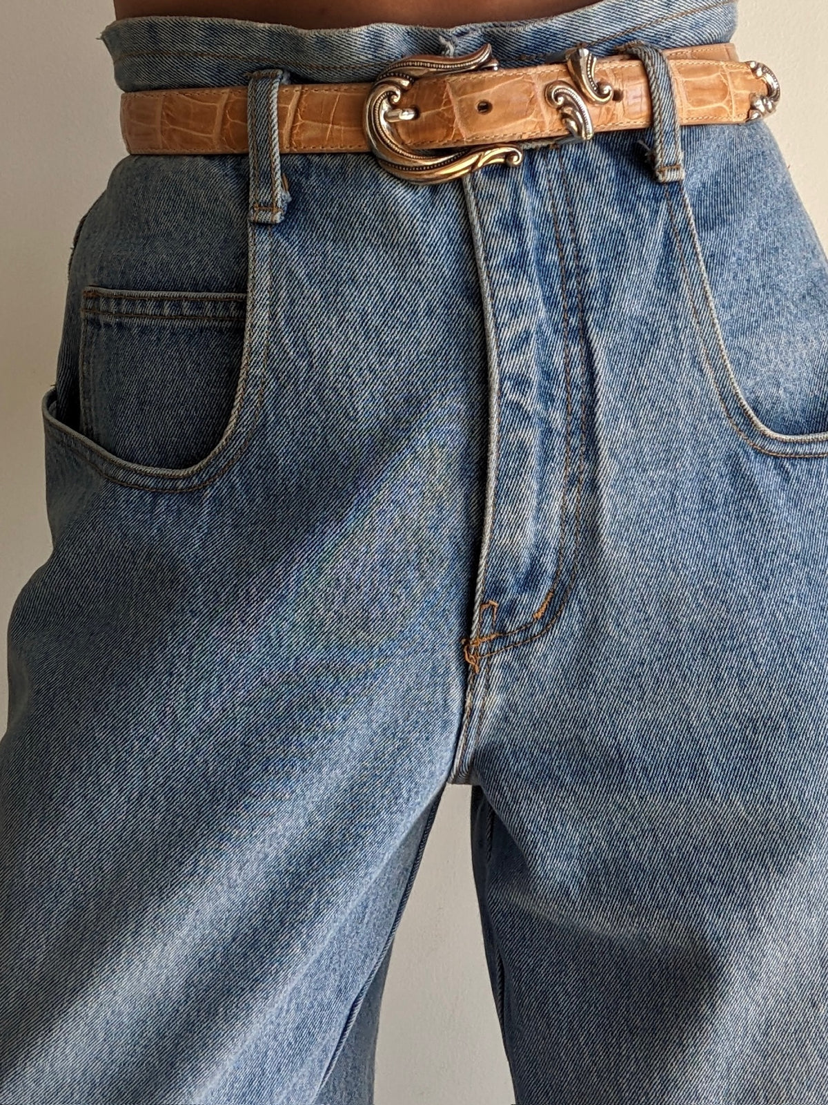 Vintage Embossed Leather & Silver Buckle Belt