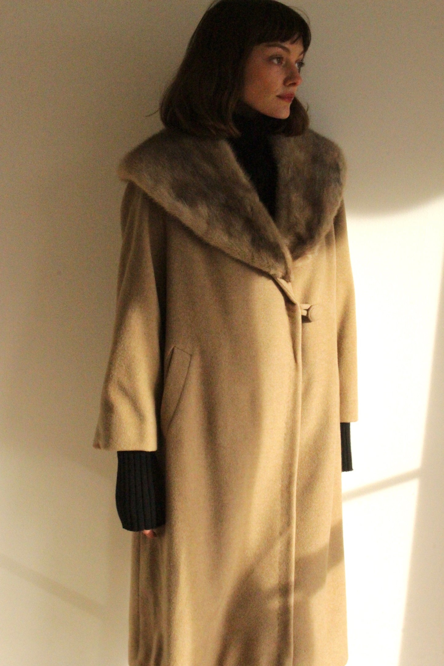 Vintage Latte Pure Cashmere & Fur Collar Coat
