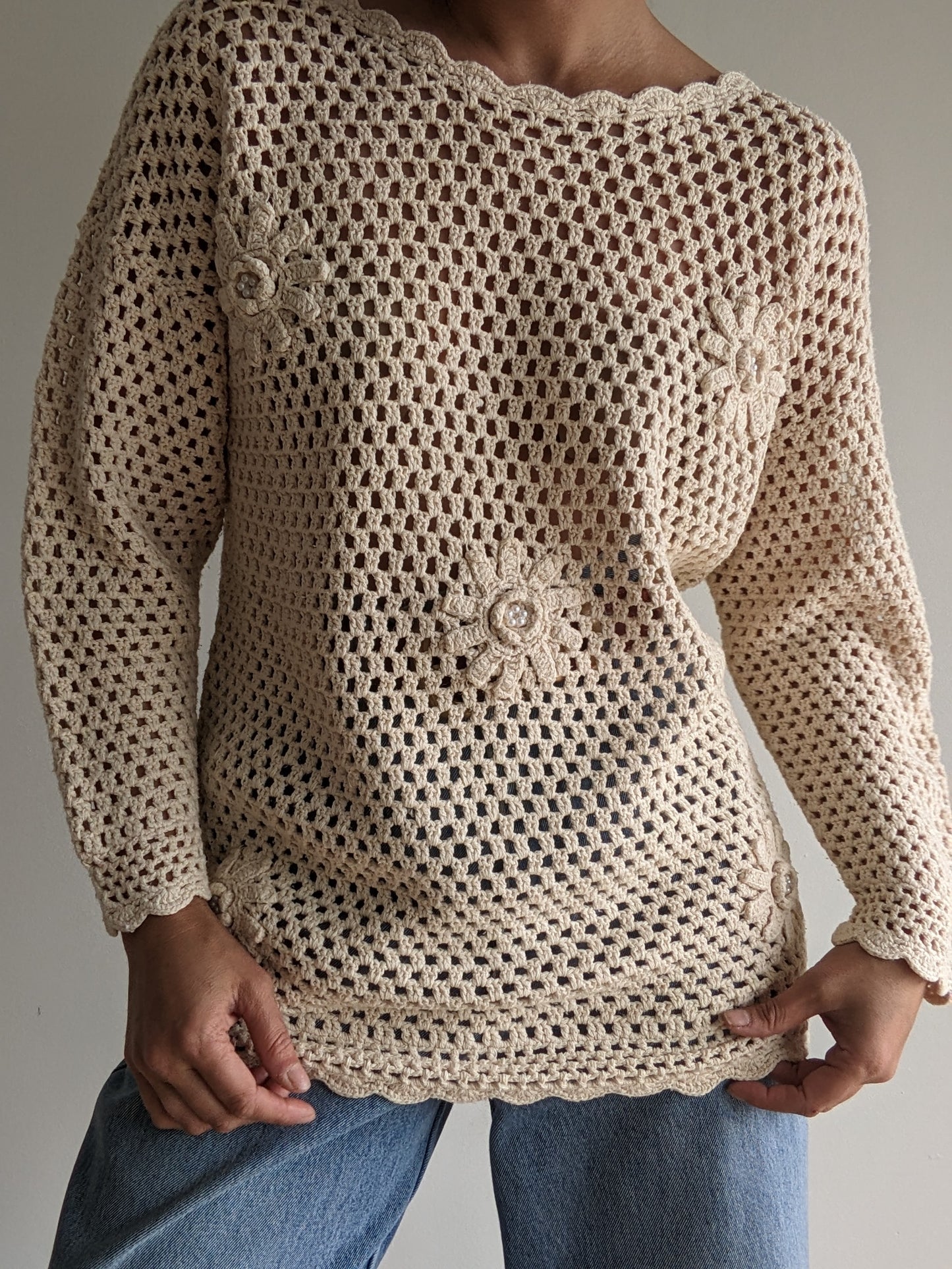 Vintage Flower Appliqué Silk Crochet Top